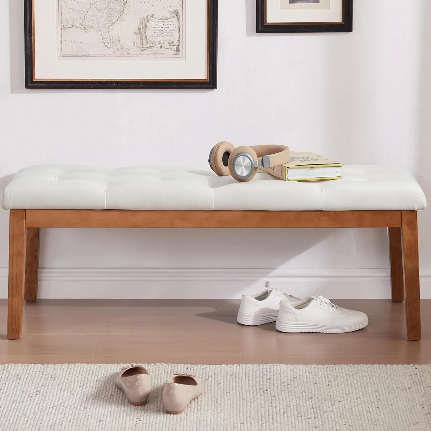 Ottoman Bench Upholstered Padded Seat with Solid Wood Legs and Button-Tufted, Linen Cream