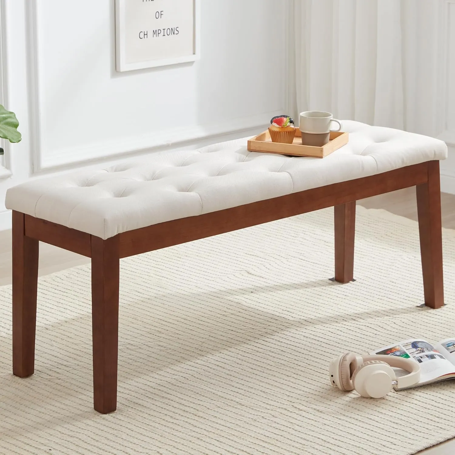 Ottoman Bench Upholstered Padded Seat with Solid Wood Legs and Button-Tufted, Linen Cream