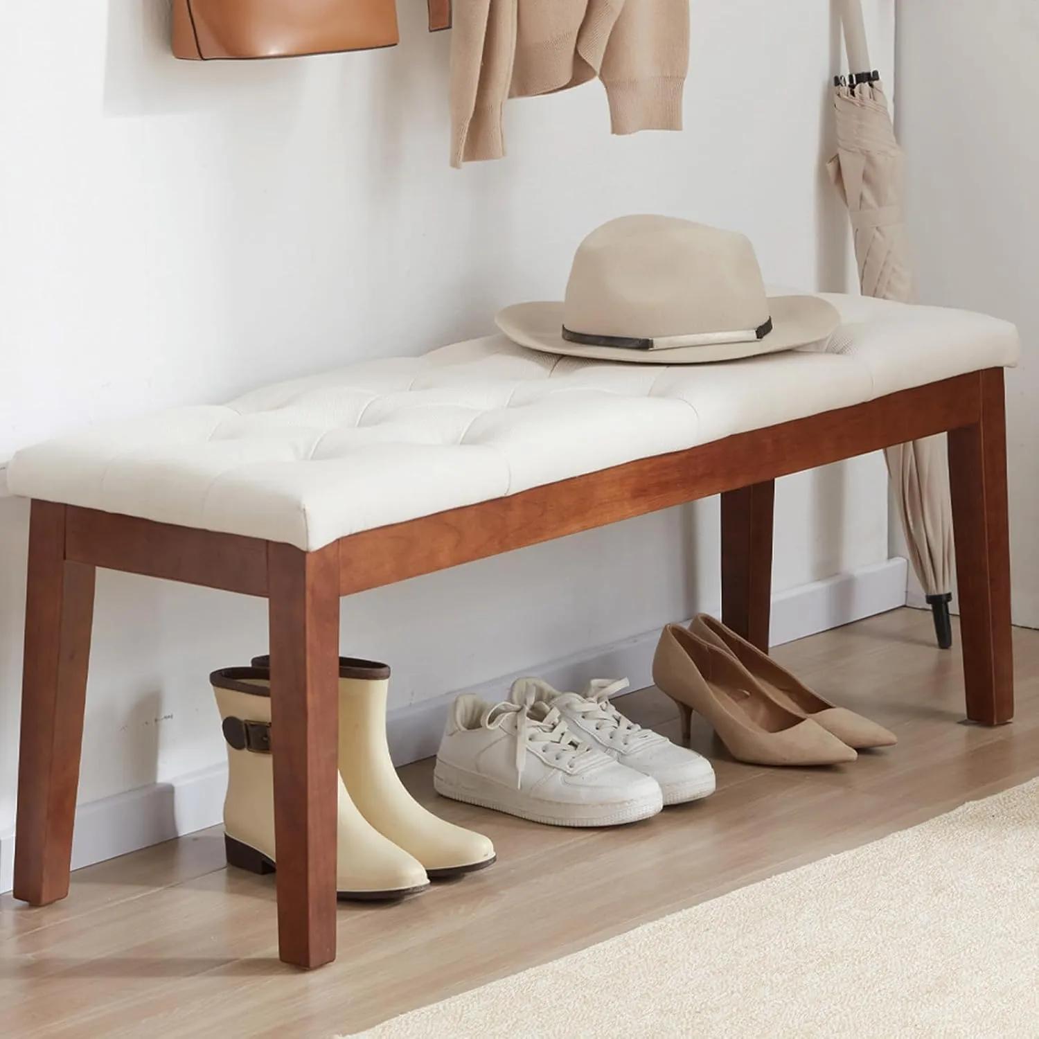 Ottoman Bench Upholstered Padded Seat with Solid Wood Legs and Button-Tufted, Linen Cream