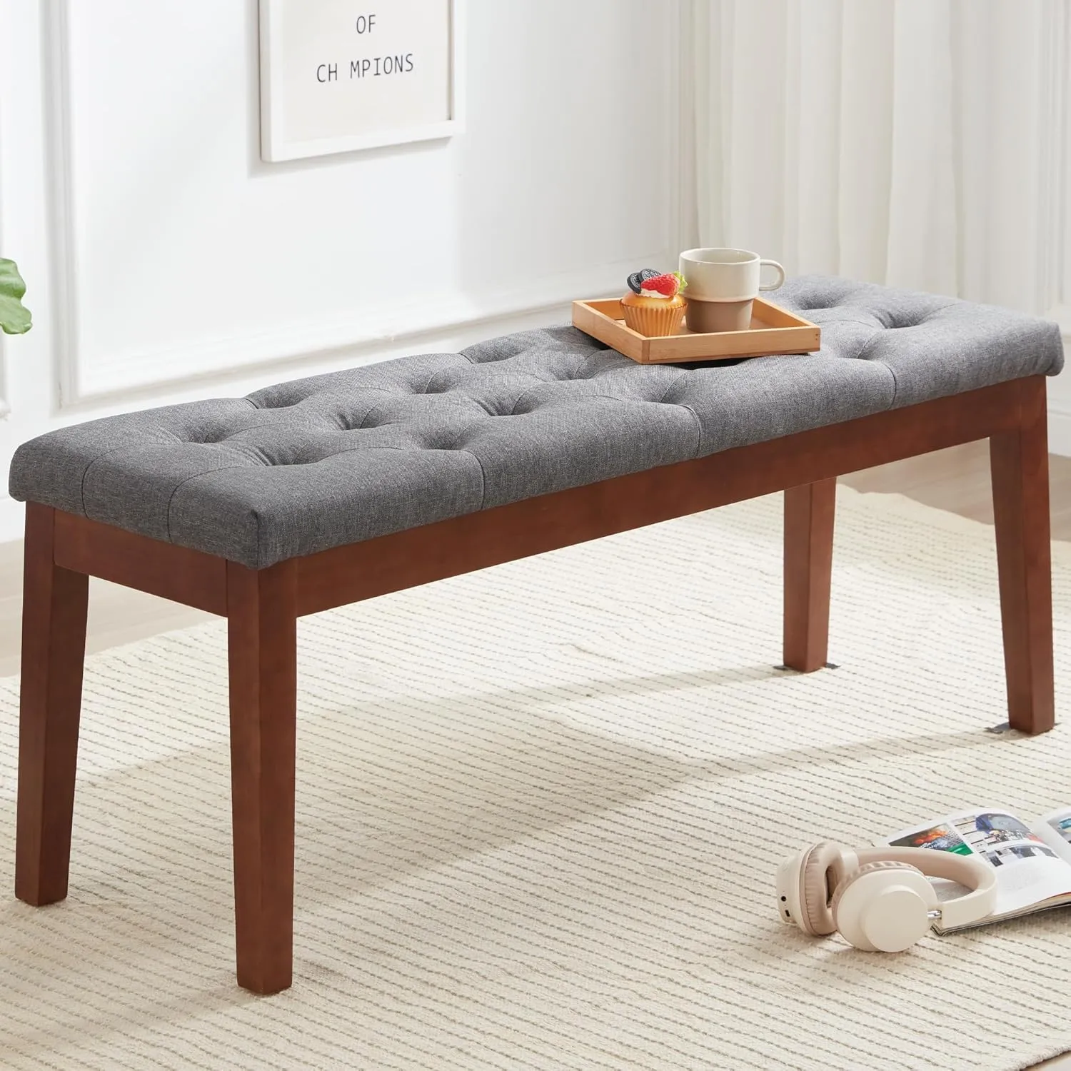 Ottoman Bench Upholstered Padded Seat with Solid Wood Legs and Button-Tufted, Linen Dark Gray