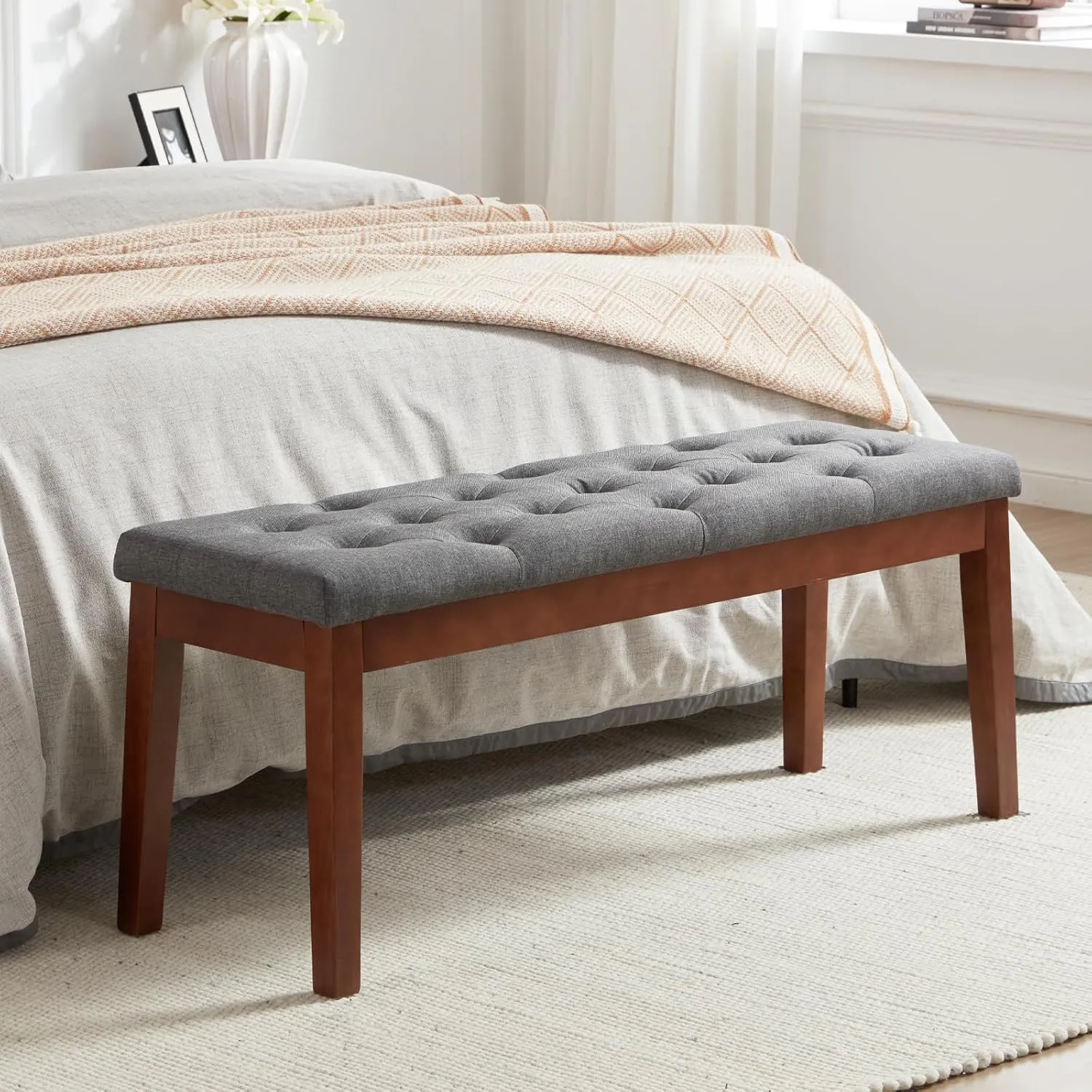 Ottoman Bench Upholstered Padded Seat with Solid Wood Legs and Button-Tufted, Linen Dark Gray