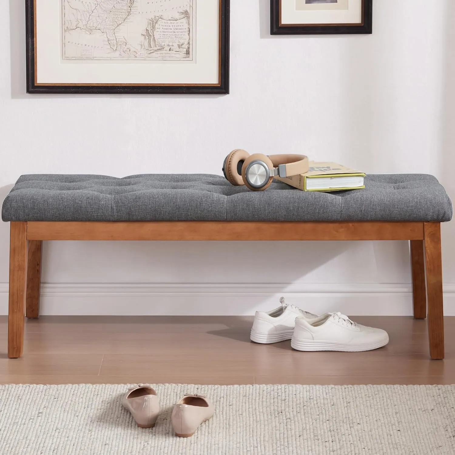 Ottoman Bench Upholstered Padded Seat with Solid Wood Legs and Button-Tufted, Linen Dark Gray