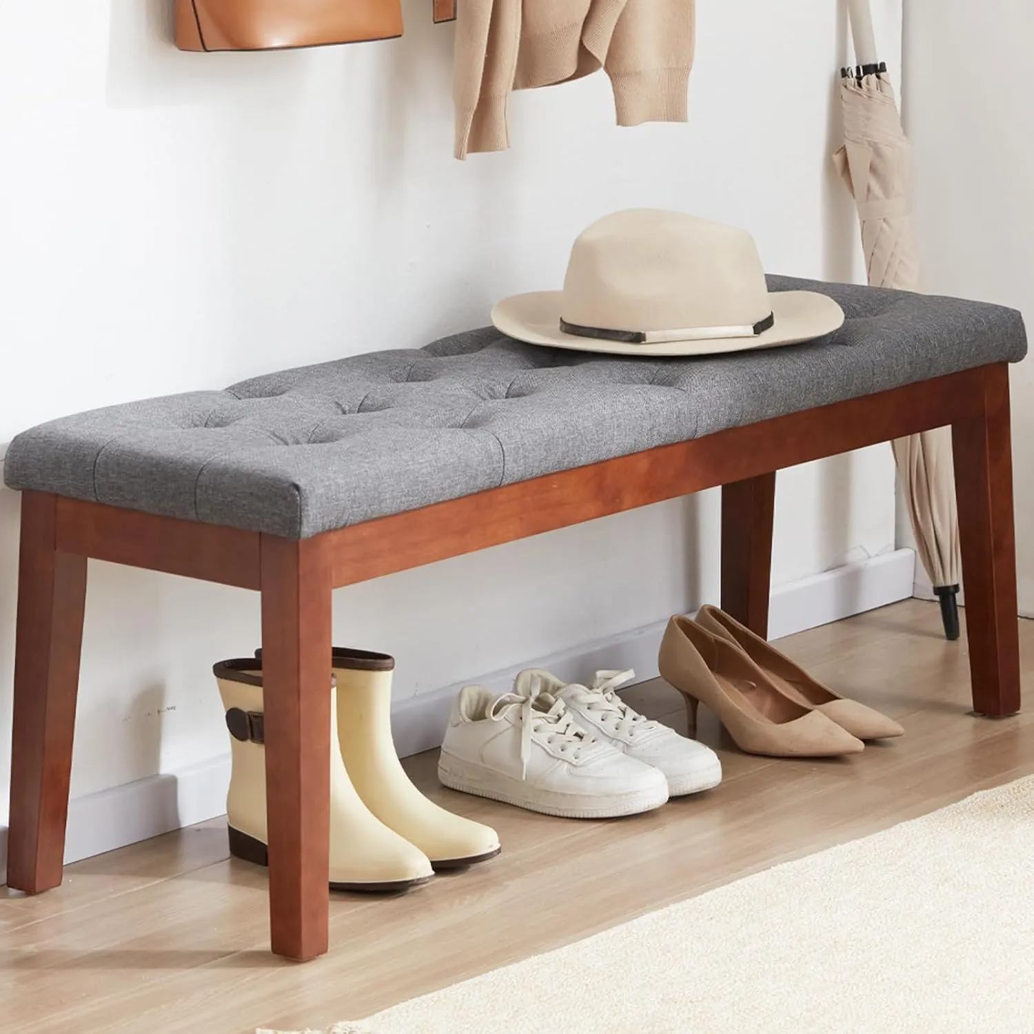 Ottoman Bench Upholstered Padded Seat with Solid Wood Legs and Button-Tufted, Linen Dark Gray