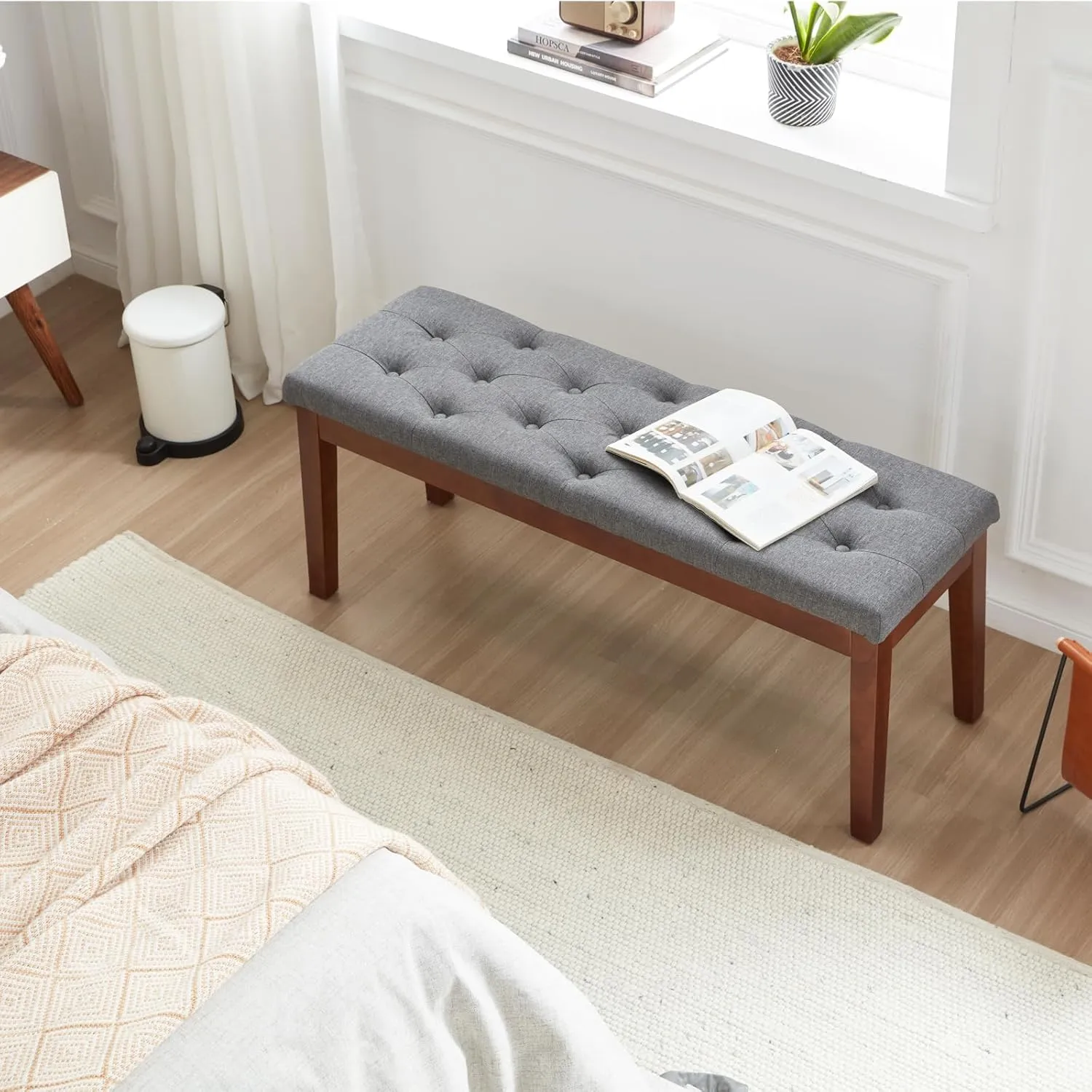 Ottoman Bench Upholstered Padded Seat with Solid Wood Legs and Button-Tufted, Linen Dark Gray
