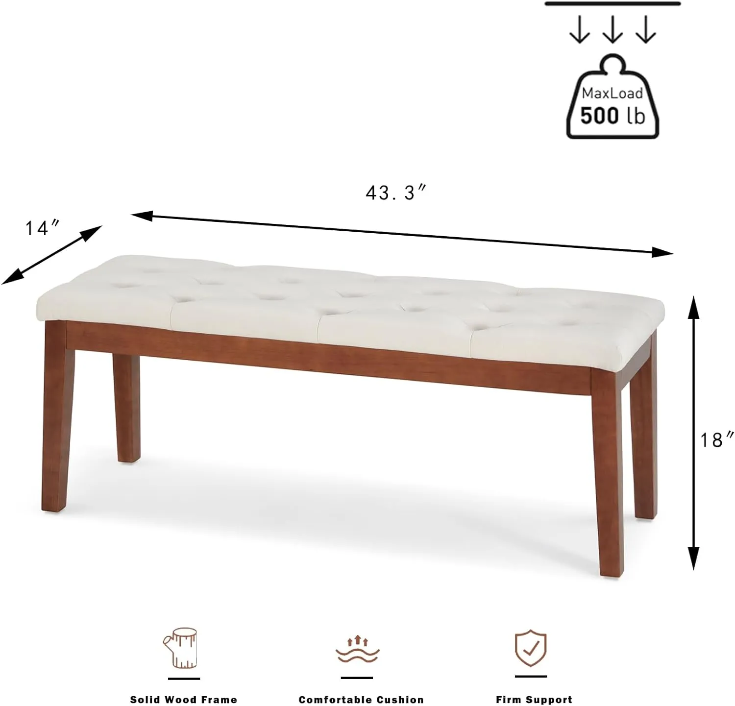Ottoman Bench Upholstered Padded Seat with Solid Wood Legs and Button-Tufted, Linen Dark Gray