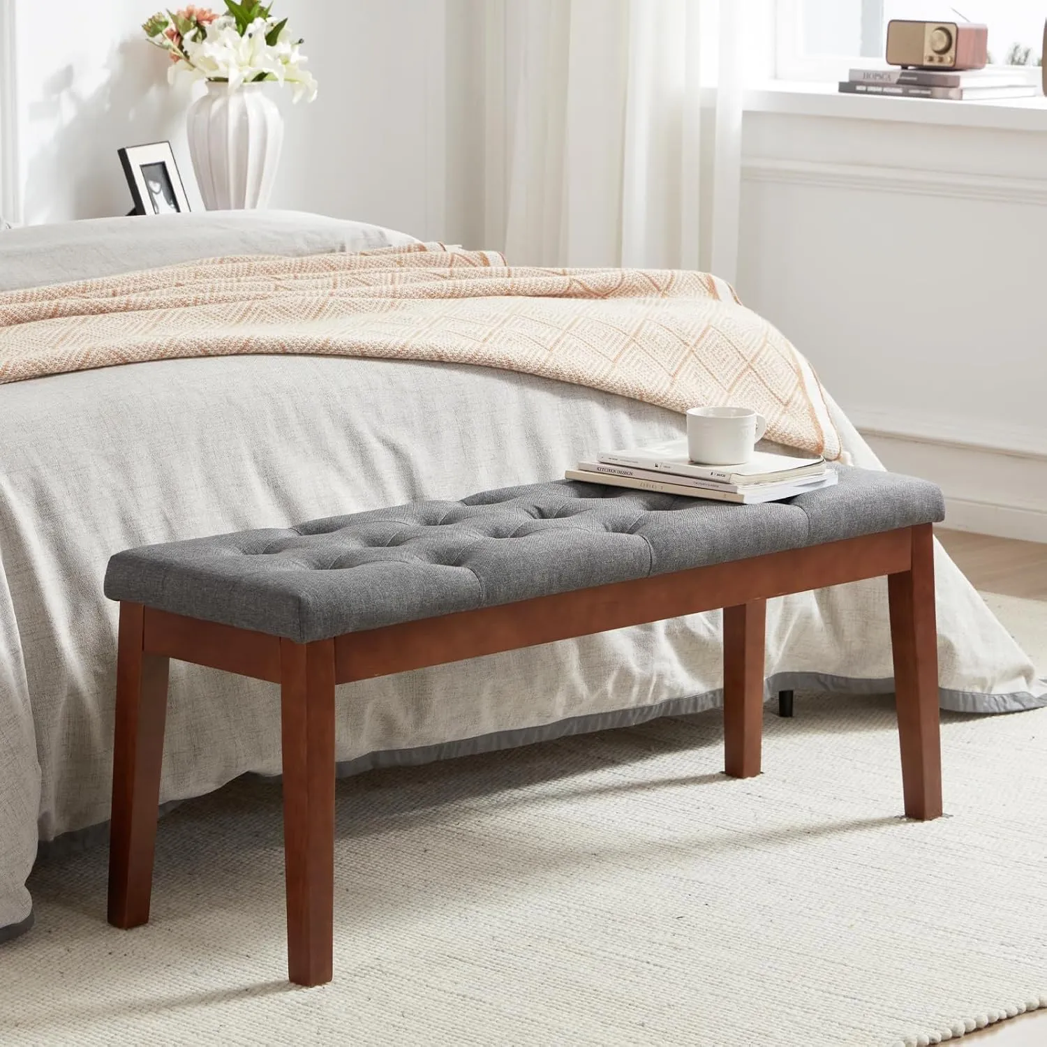Ottoman Bench Upholstered Padded Seat with Solid Wood Legs and Button-Tufted, Linen Dark Gray