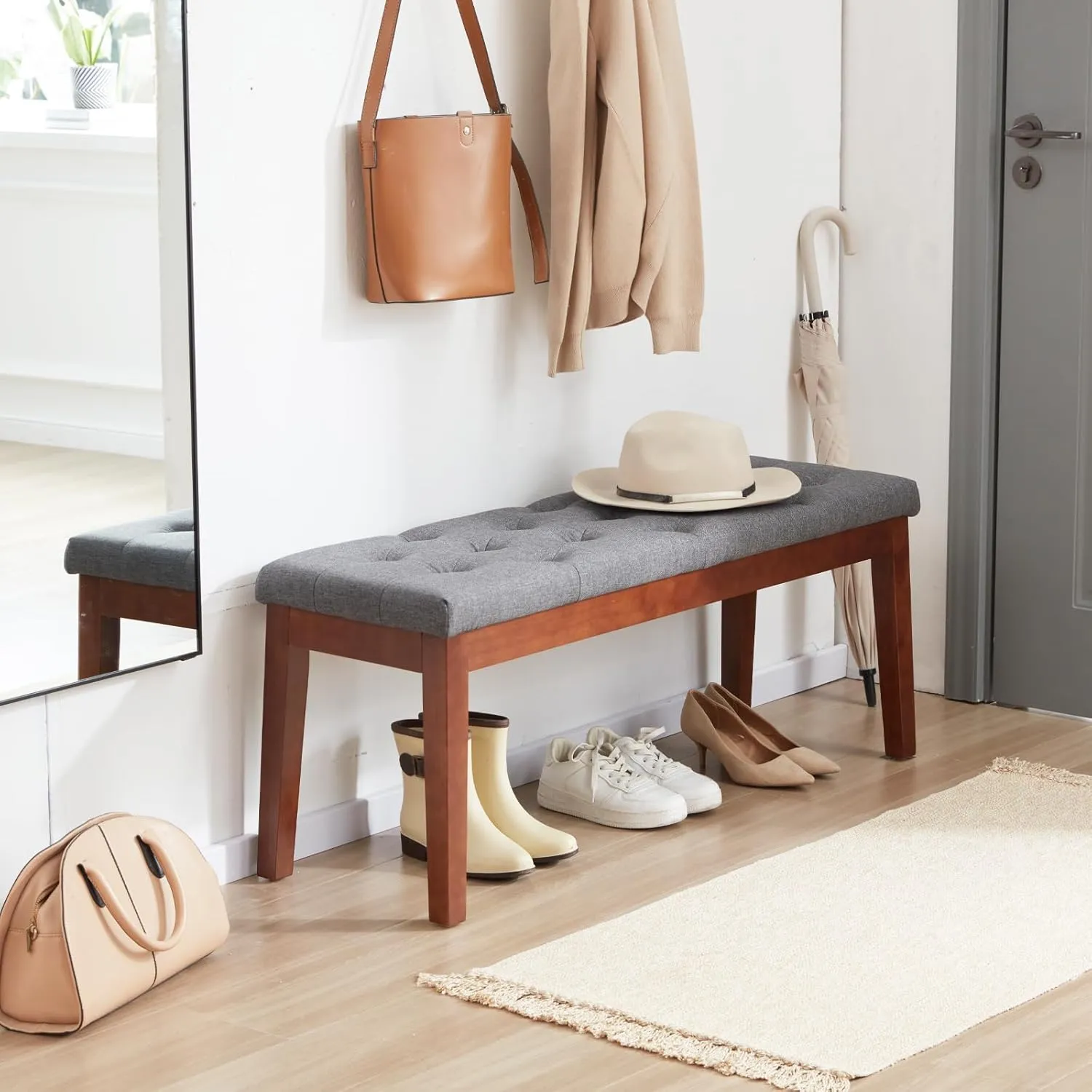 Ottoman Bench Upholstered Padded Seat with Solid Wood Legs and Button-Tufted, Linen Dark Gray