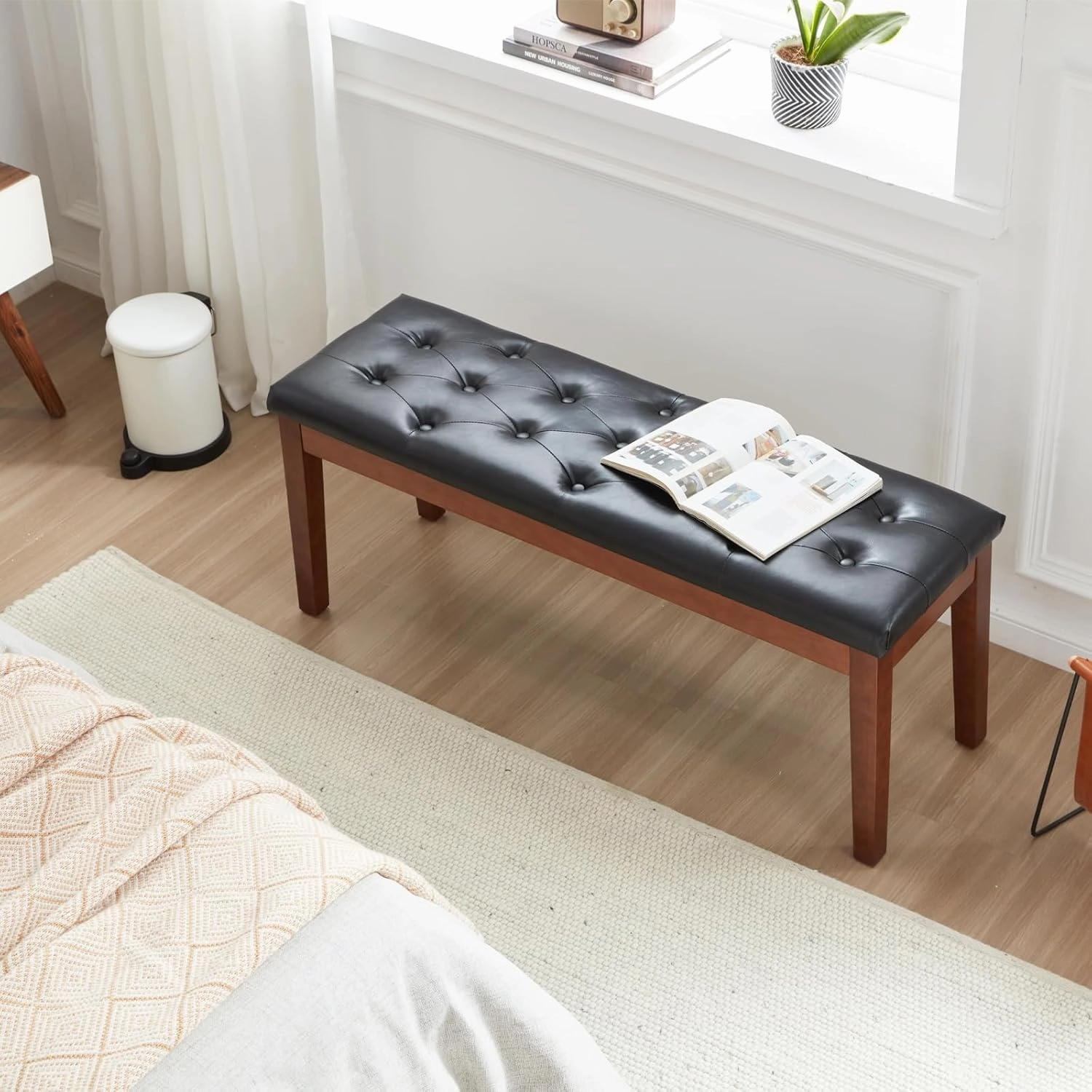 Ottoman Bench Upholstered Padded Seat with Solid Wood Legs and Button-Tufted, Faux Leather Black