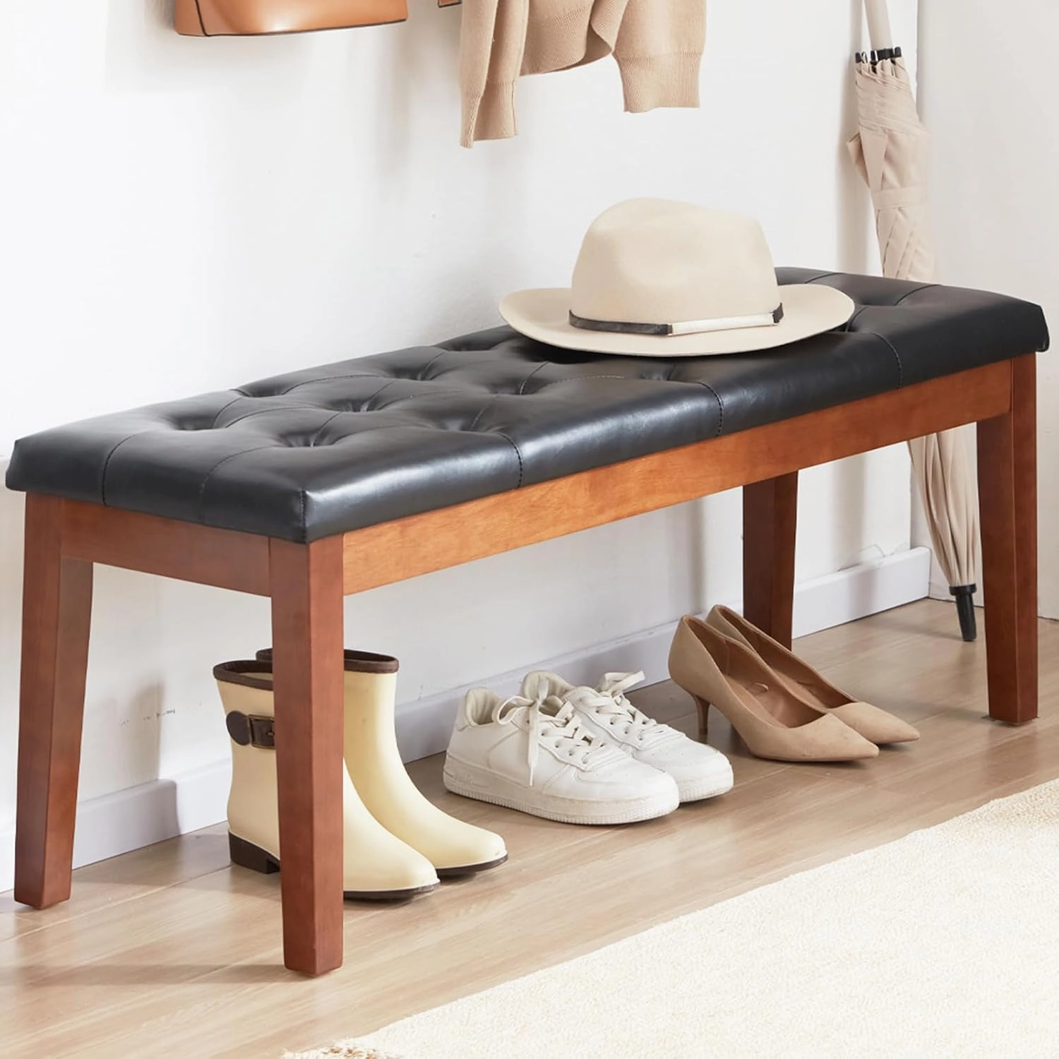 Ottoman Bench Upholstered Padded Seat with Solid Wood Legs and Button-Tufted, Faux Leather Black