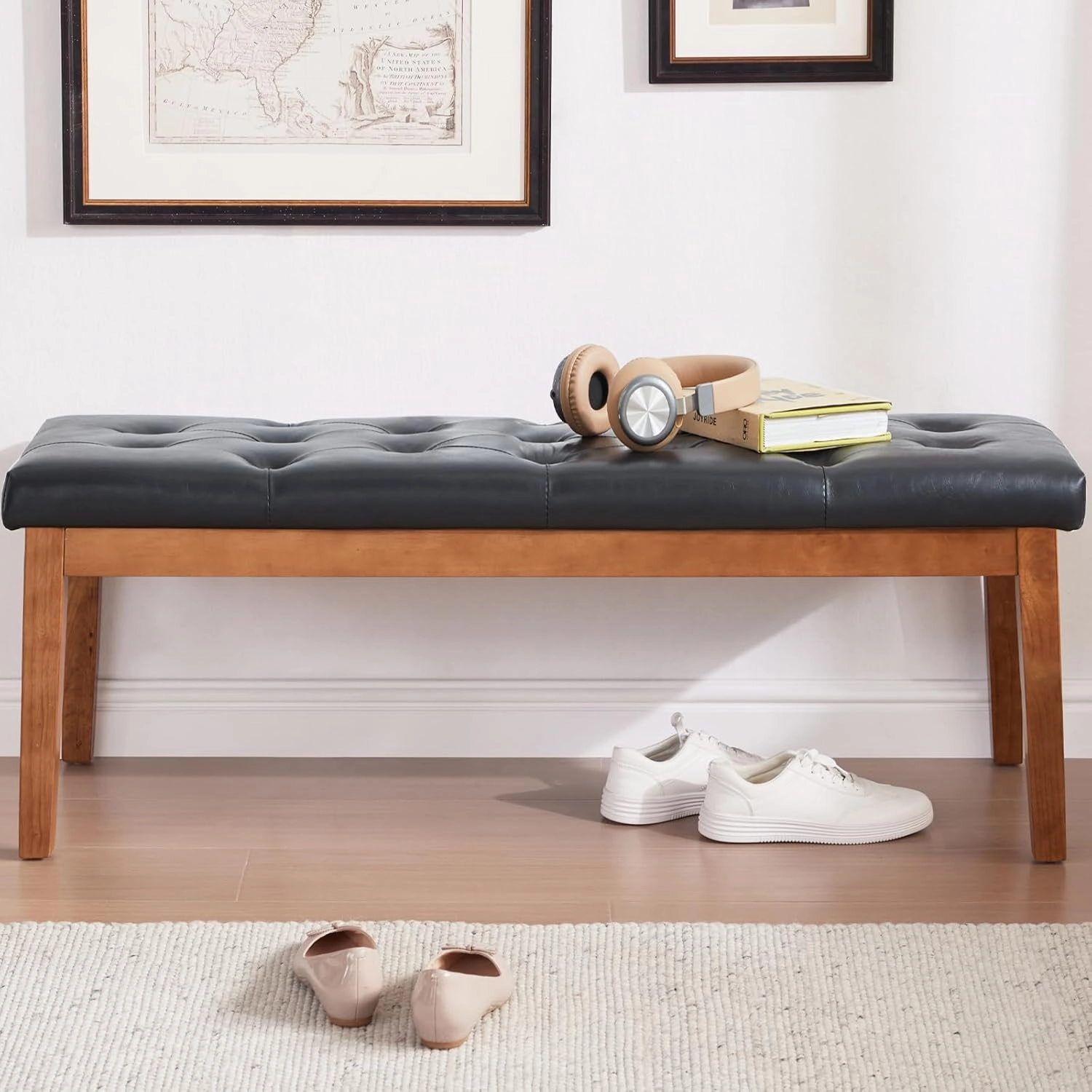 Ottoman Bench Upholstered Padded Seat with Solid Wood Legs and Button-Tufted, Faux Leather Black
