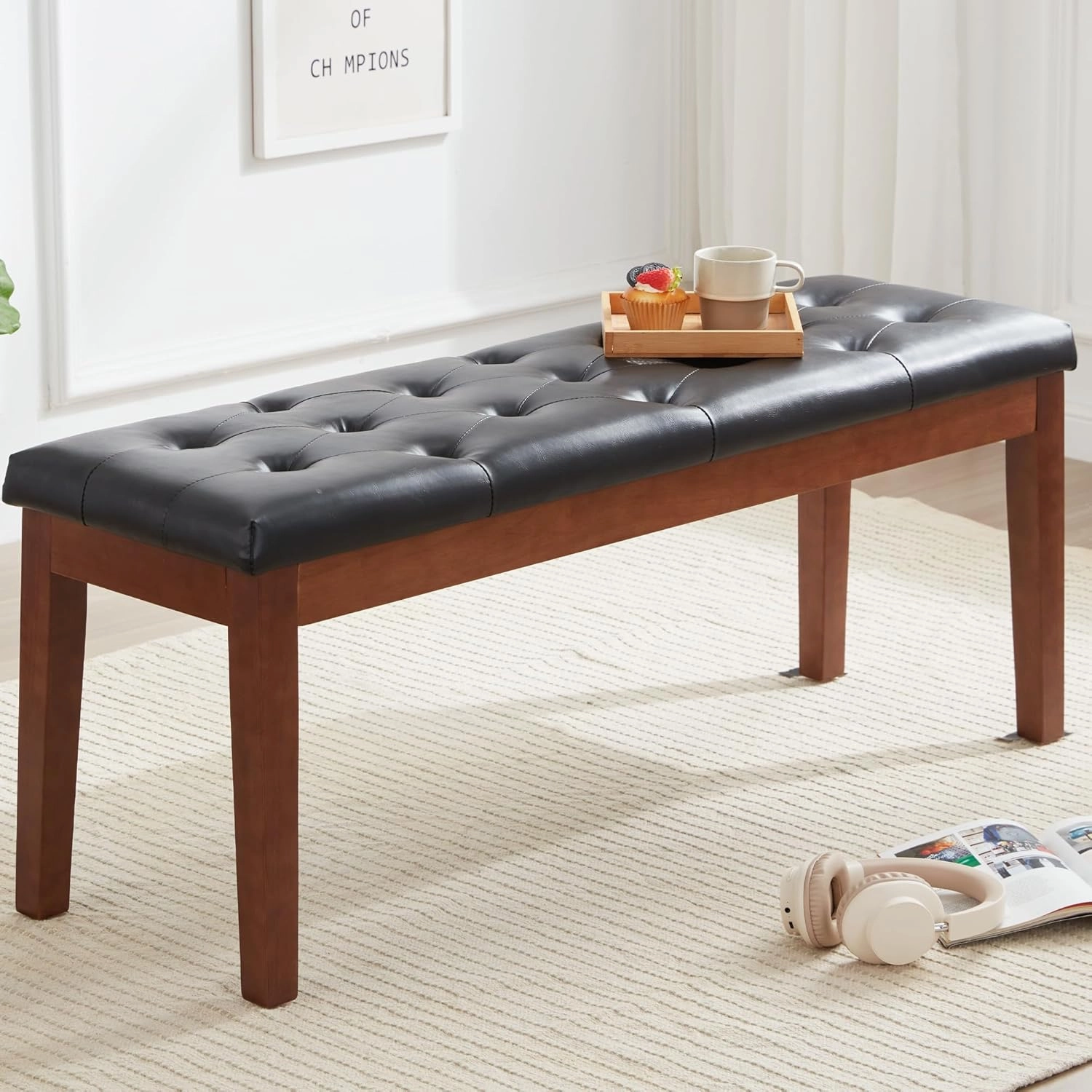 Ottoman Bench Upholstered Padded Seat with Solid Wood Legs and Button-Tufted, Faux Leather Black