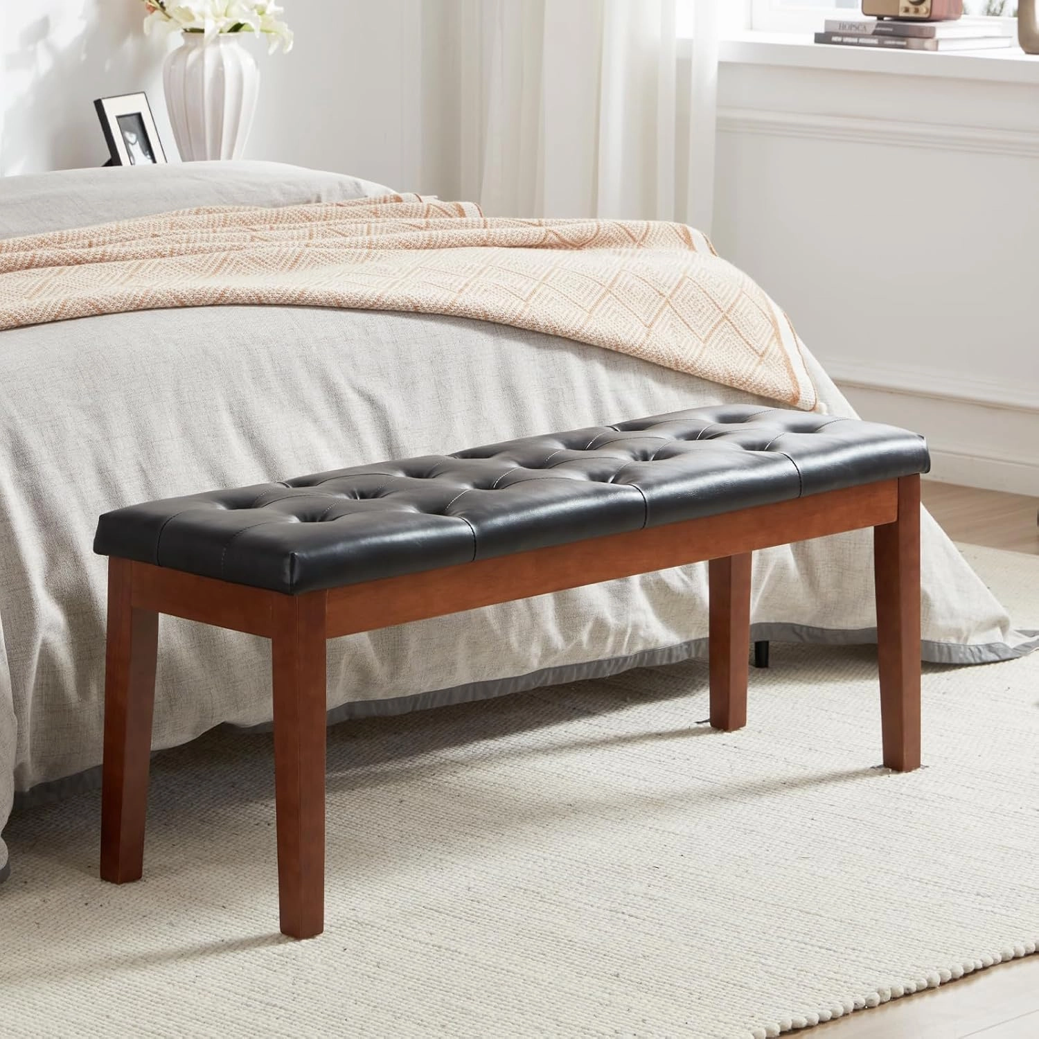 Ottoman Bench Upholstered Padded Seat with Solid Wood Legs and Button-Tufted, Faux Leather Black