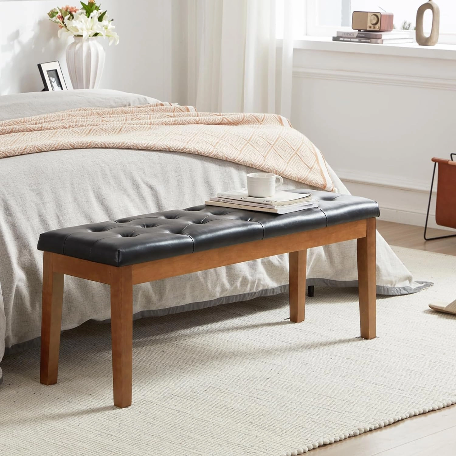 Ottoman Bench Upholstered Padded Seat with Solid Wood Legs and Button-Tufted, Faux Leather Black