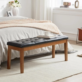Ottoman Bench Upholstered Padded Seat with Solid Wood Legs and Button-Tufted, Faux Leather Black