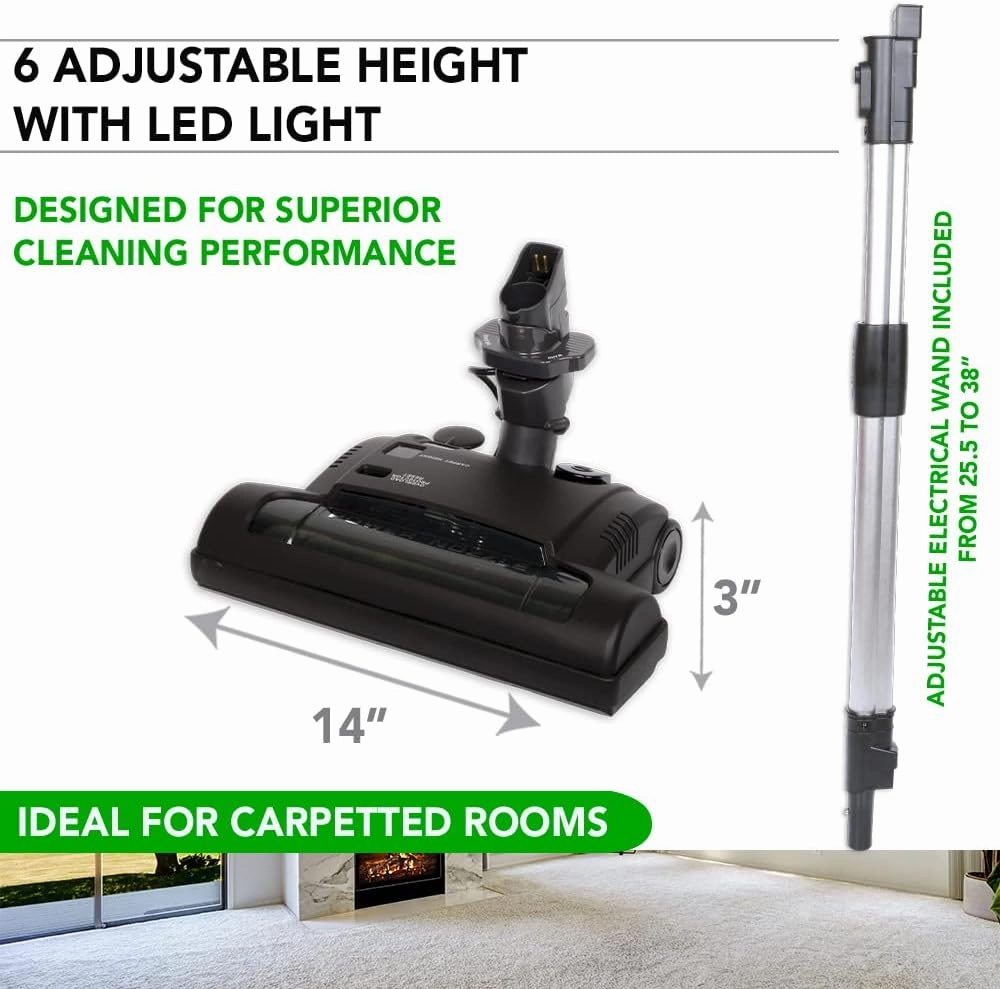 OVO Central Vacuum Carpet Deluxe Kit, 35ft ON/Off High-Voltage Hose with Pigtail, Deluxe 6 Adjustable Height Electric Carpet Beater, 12’’ Premium Floor Brush, Cleaning Tools and Easy Storage Acc.