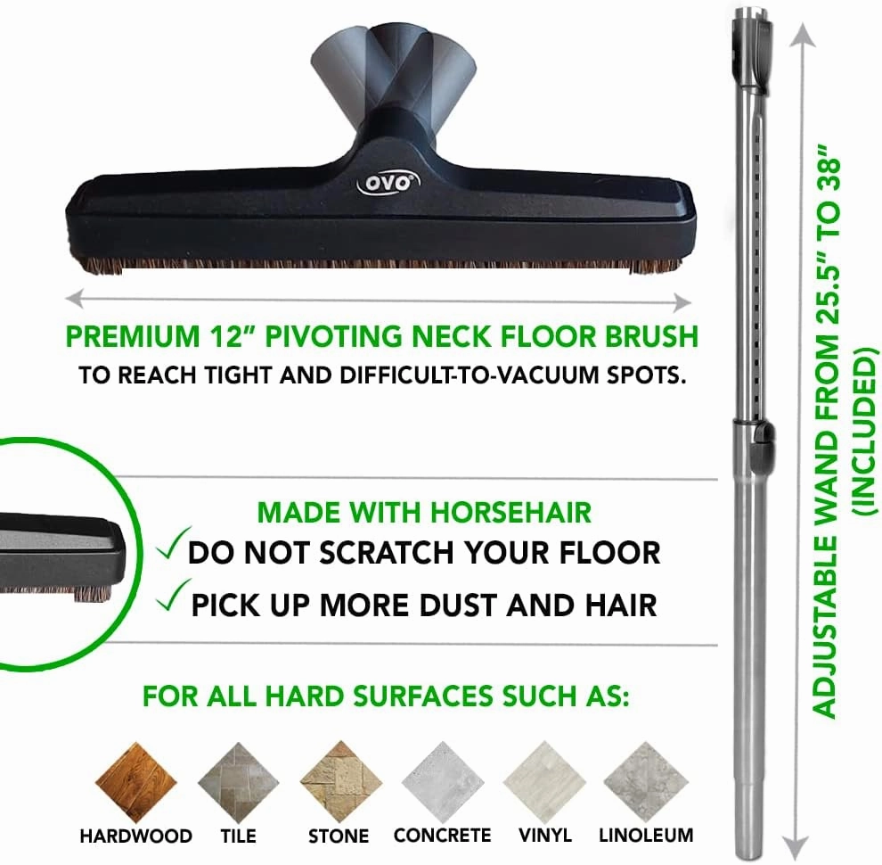OVO Central Vacuum Carpet Deluxe Kit, 35ft ON/Off High-Voltage Hose with Pigtail, Deluxe 6 Adjustable Height Electric Carpet Beater, 12’’ Premium Floor Brush, Cleaning Tools and Easy Storage Acc.