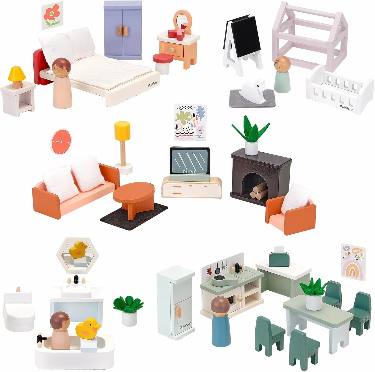 PairPear Wooden Dollhouse Furniture Set,56 Pieces Doll Furnitures with 5 Room Kits Play Fingers,Doll House Miniature Furniture Pretend Play Toys Gift for Toddler Boys and Girls 3Y 