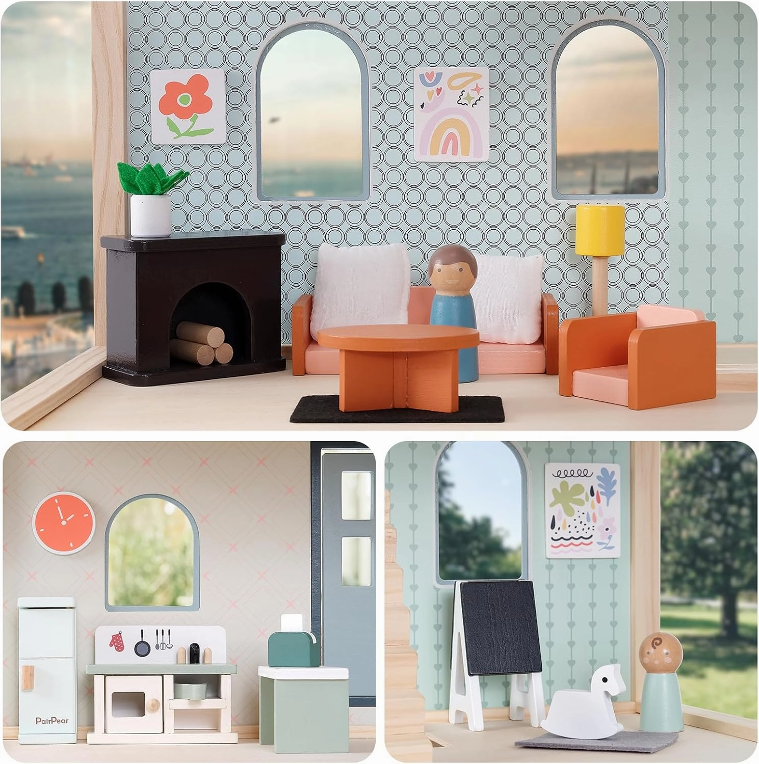 PairPear Wooden Dollhouse Furniture Set,56 Pieces Doll Furnitures with 5 Room Kits Play Fingers,Doll House Miniature Furniture Pretend Play Toys Gift for Toddler Boys and Girls 3Y 