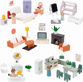 PairPear Wooden Dollhouse Furniture Set,56 Pieces Doll Furnitures with 5 Room Kits Play Fingers,Doll House Miniature Furniture Pretend Play Toys Gift for Toddler Boys and Girls 3Y 