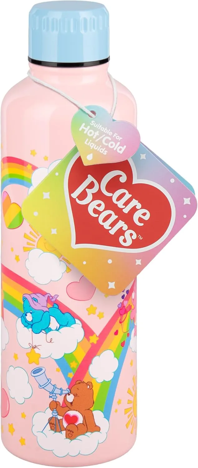 Paladone Care Bears Metal Water Bottle with Screw-Top Lid 600ml, Officially Licensed Cute Reusable Drinkware with Colourful Design for Travel, Sports, School and Office