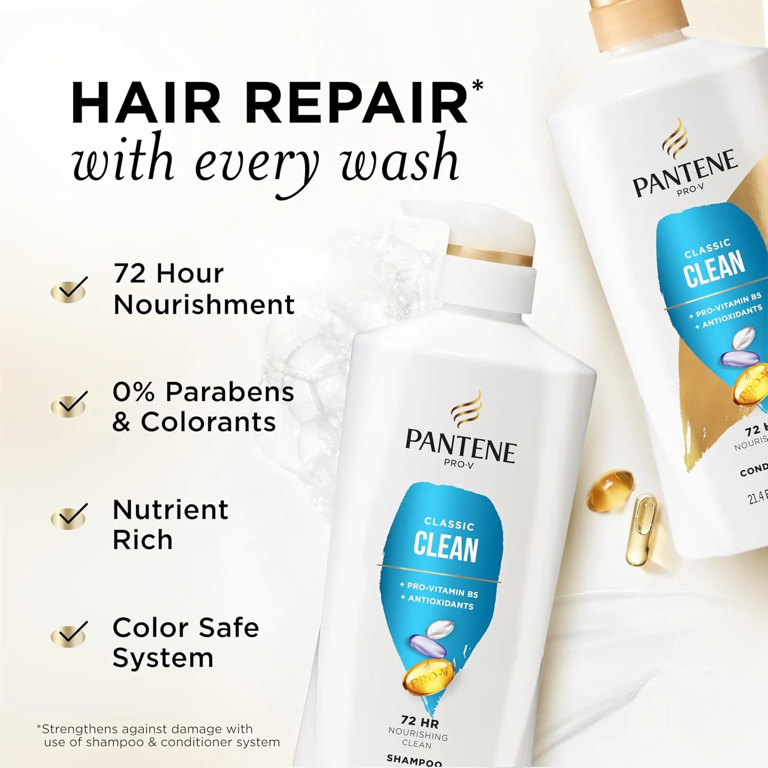 Pantene Shampoo & Conditioner Set, Classic Clean - Pro-V Nutrients for Dry, Color-Treated Hair, Healthy Looking Hair Every Wash, Antioxidant-Rich, 52.8 Oz Total   Miracle Rescue Shot (0.5 Oz)