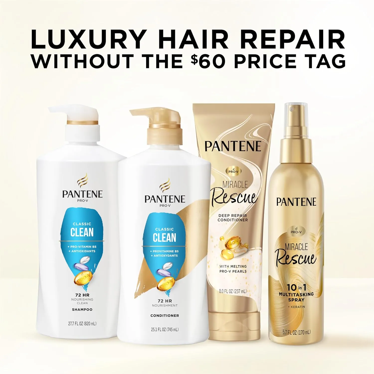 Pantene Shampoo & Conditioner Set, Classic Clean - Pro-V Nutrients for Dry, Color-Treated Hair, Healthy Looking Hair Every Wash, Antioxidant-Rich, 52.8 Oz Total   Miracle Rescue Shot (0.5 Oz)