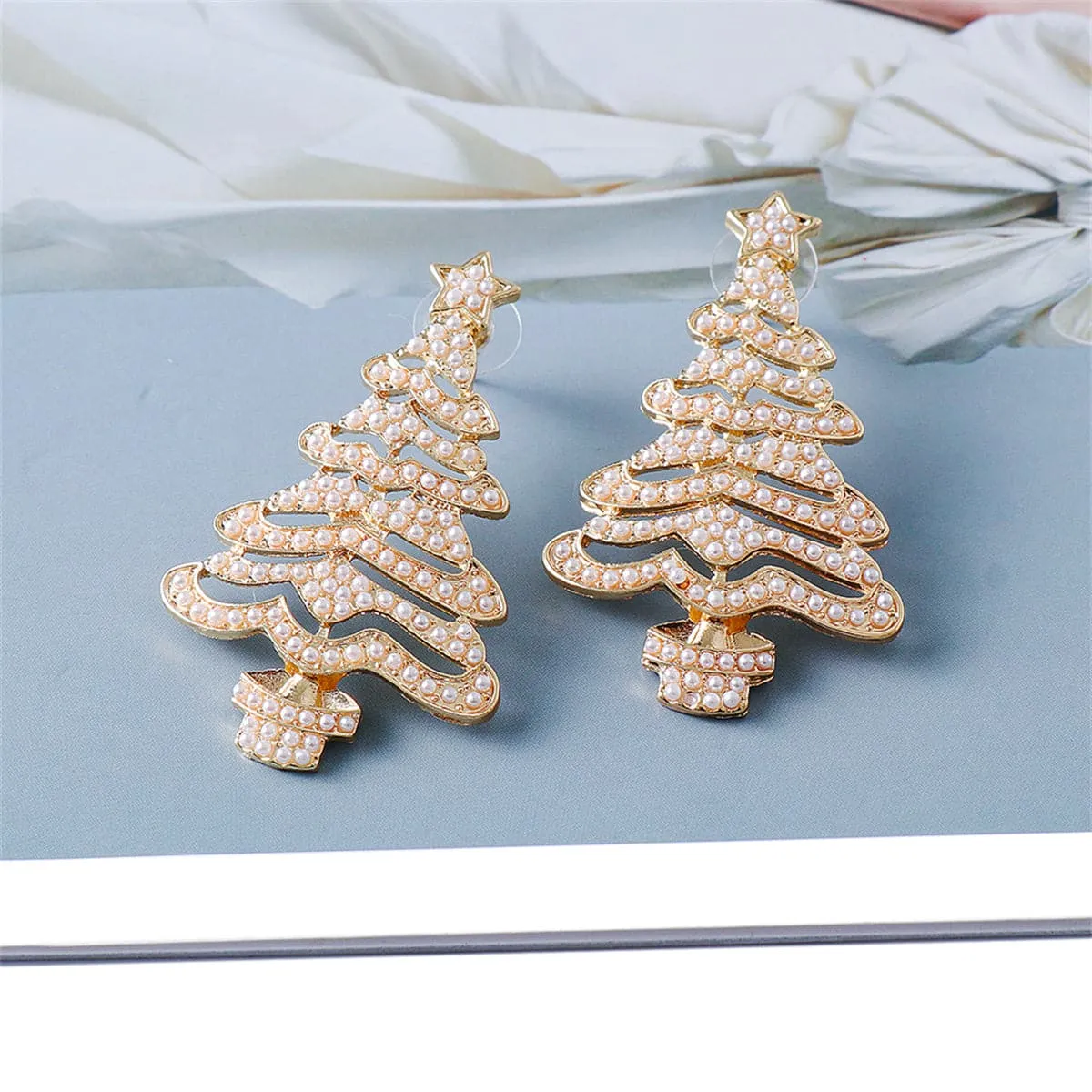 Pearl & 18K Gold-Plated Christmas Tree Drop Earrings