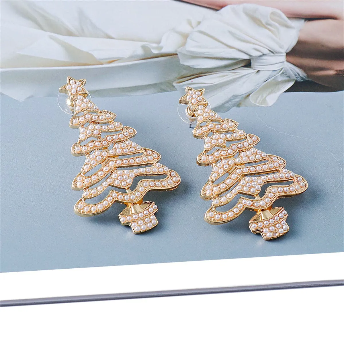 Pearl & 18K Gold-Plated Christmas Tree Drop Earrings