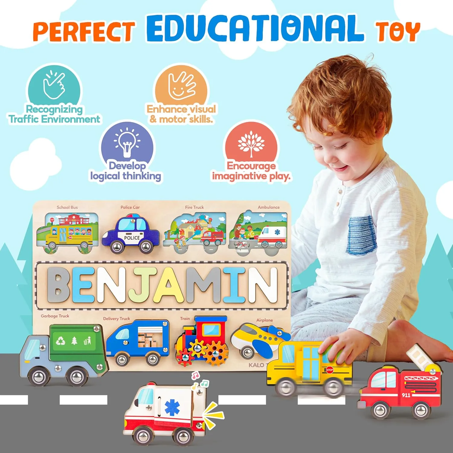 Personalized Farm Animal Wooden Name Puzzle, Wooden Chunky Baby Puzzle For Toddlers 1-3, Montessori Farm Animal Toys, Custom Baby Name Gifts, Preschoool Learning, Gift for Kid, One Year Old Birthday Gifts (Vehicles)