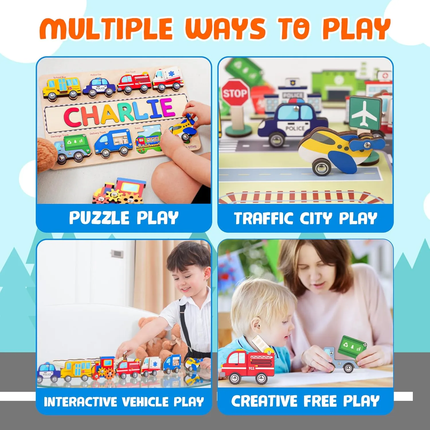 Personalized Farm Animal Wooden Name Puzzle, Wooden Chunky Baby Puzzle For Toddlers 1-3, Montessori Farm Animal Toys, Custom Baby Name Gifts, Preschoool Learning, Gift for Kid, One Year Old Birthday Gifts (Vehicles)