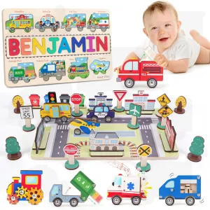 Personalized Farm Animal Wooden Name Puzzle, Wooden Chunky Baby Puzzle For Toddlers 1-3, Montessori Farm Animal Toys, Custom Baby Name Gifts, Preschoool Learning, Gift for Kid, One Year Old Birthday Gifts (Vehicles)