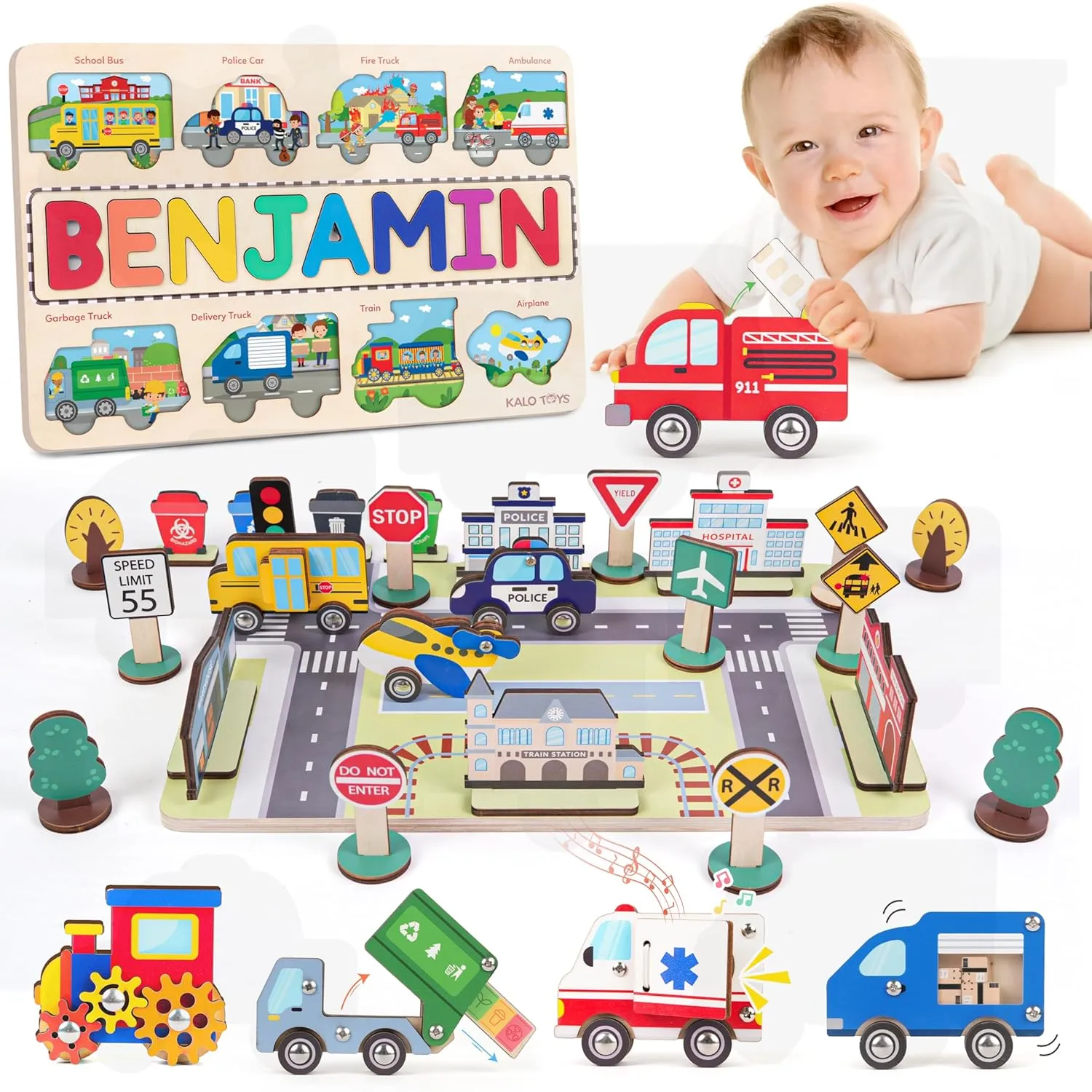 Personalized Farm Animal Wooden Name Puzzle, Wooden Chunky Baby Puzzle For Toddlers 1-3, Montessori Farm Animal Toys, Custom Baby Name Gifts, Preschoool Learning, Gift for Kid, One Year Old Birthday Gifts (Vehicles)