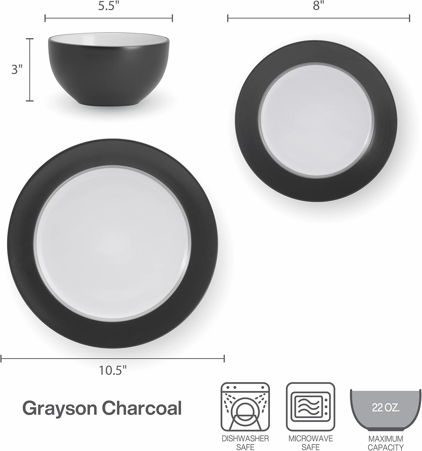Pfaltzgraff Grayson Charcoal 12 Piece Dinnerware Set, Service for 4