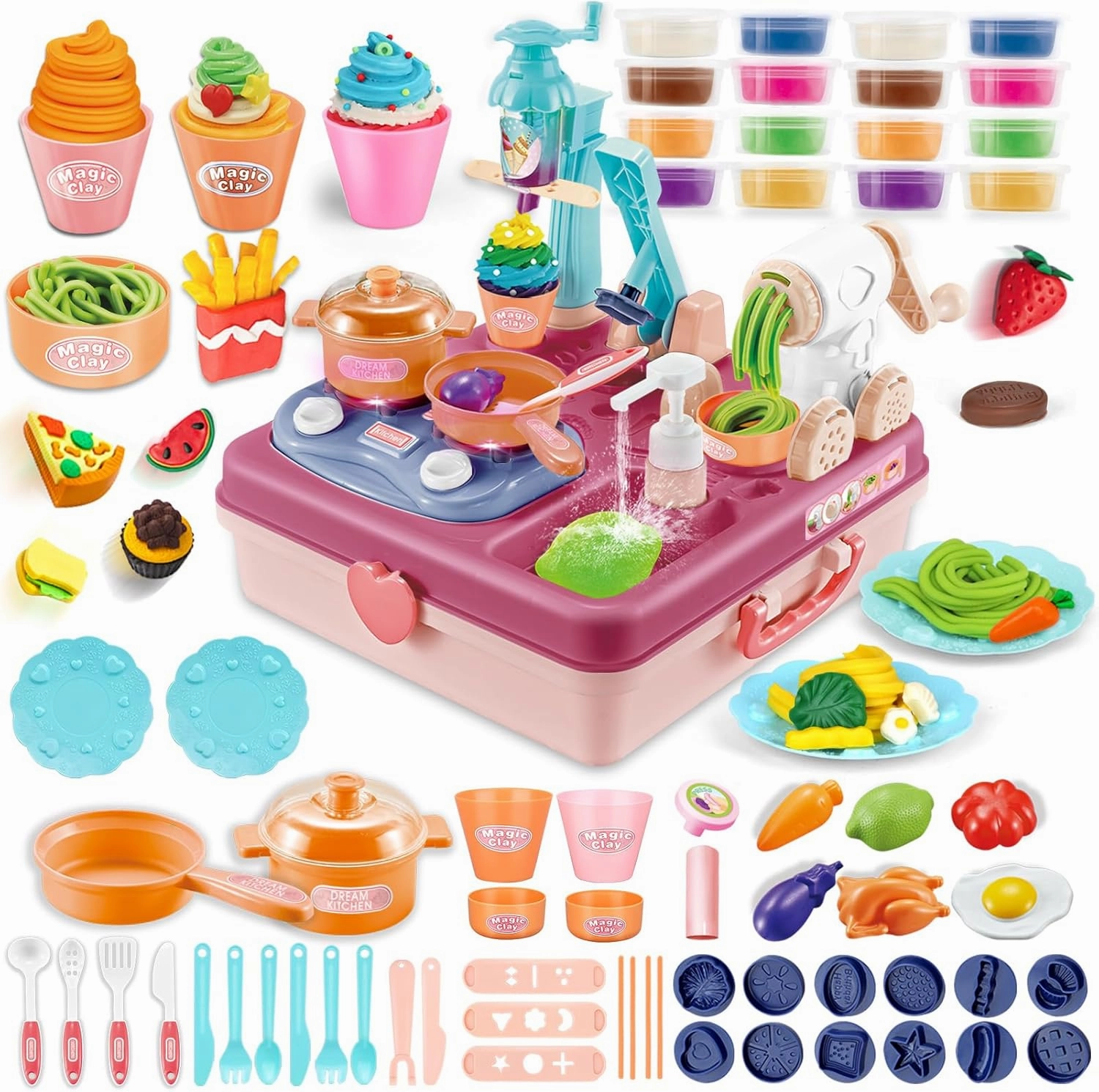 Playdough Sets for Kids Ages 4-8, 6 In1 Playdough Ice Cream 74 Pcs Toddlers' Play Kitchen Set with Lights & Sounds Play Dough for Making Noodle/Ice Cream/Play Sink/Cooking/Play Food (16 Pcs Dough)