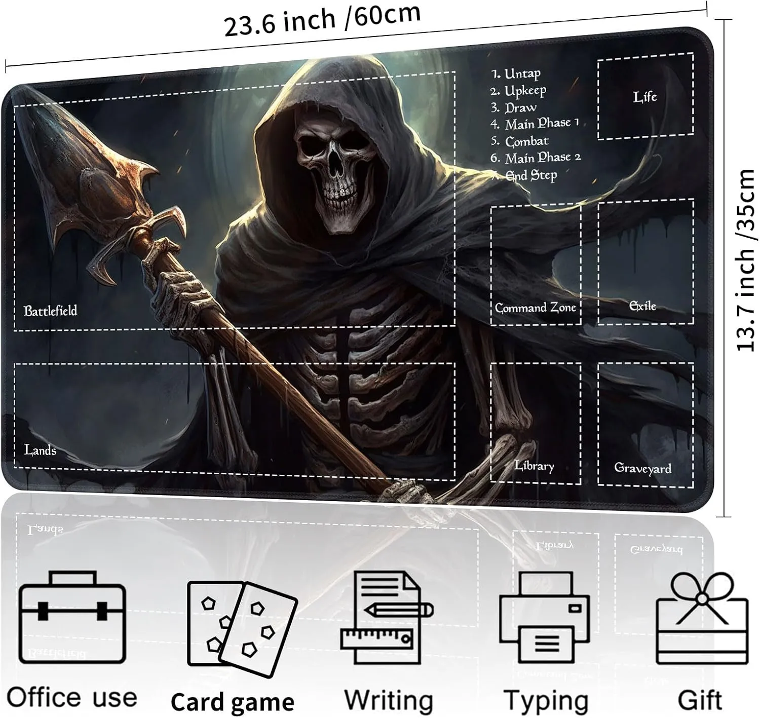Playmat for MTG Magic Size 24x14 Inch Game Mats Tabletop Magic Play Mats,Premium Smooth Rubber Surface, Mousepad Compatible Qindaiwen for MTG RPG CCG Trading Card Game Play mats, Grim Reaper