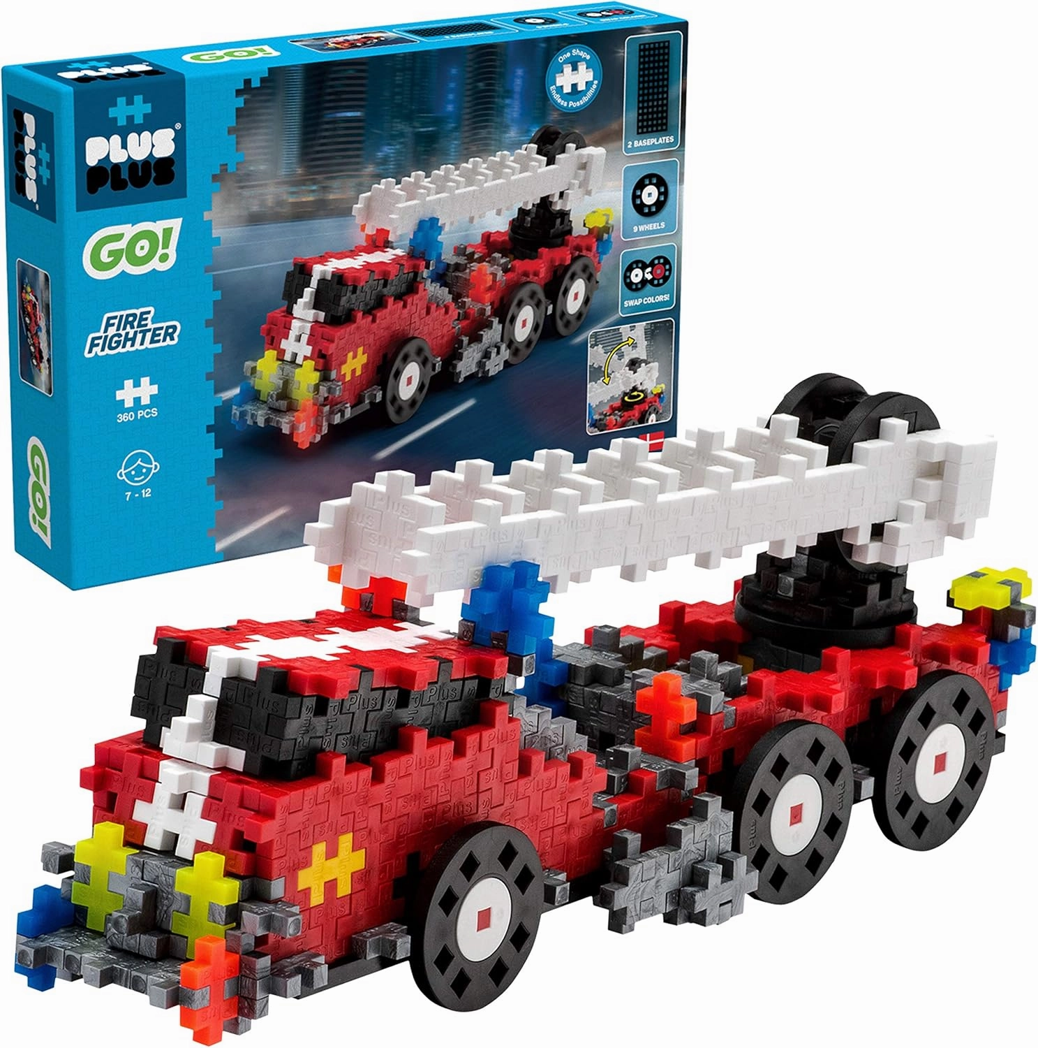 PLUS PLUS - GO! Fire Fighter Truck - 360 Pieces - Model Vehicle Building Stem/Steam Toy, Interlocking Mini Puzzle Blocks for Kids