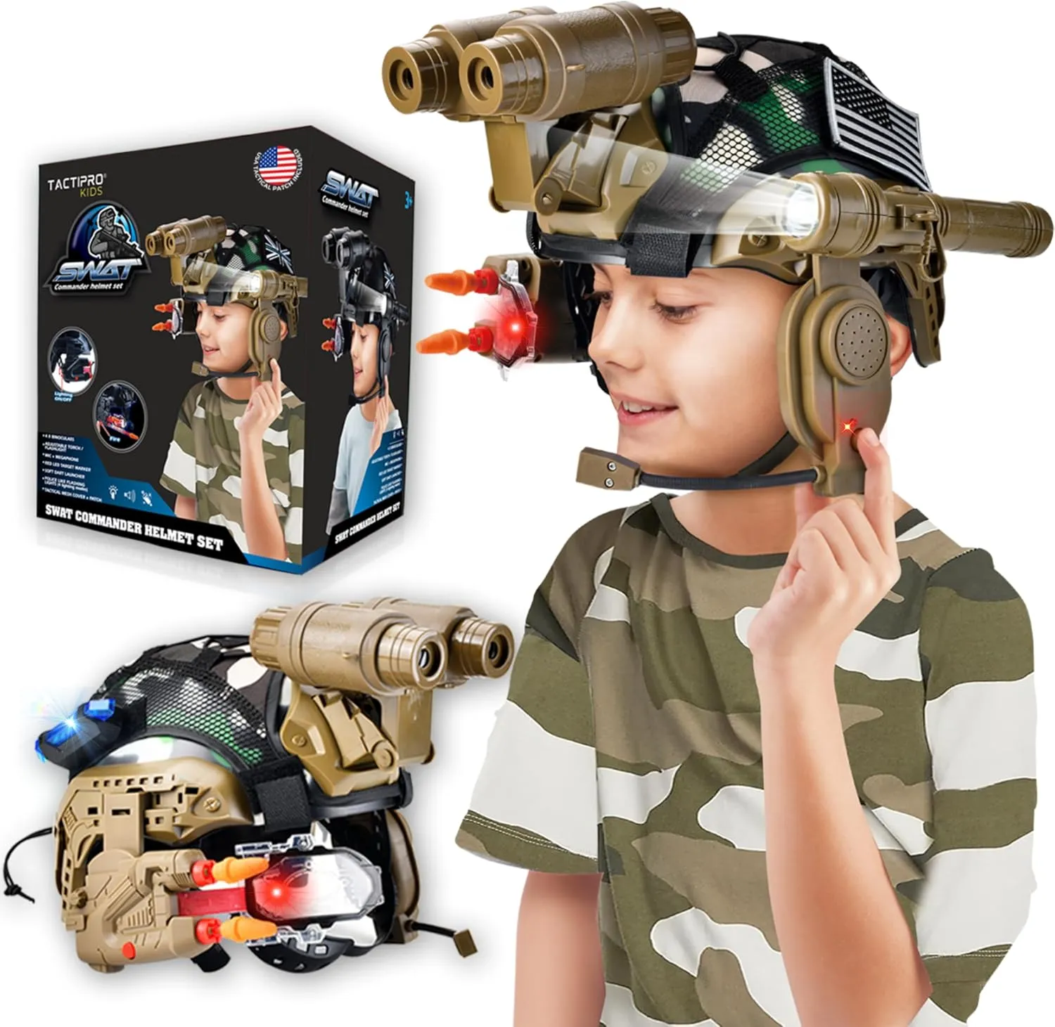 Police kids toy soldier Army SWAT Helmet Commander Set. megaphone led scope, dart toy gun & 4X Binoculars