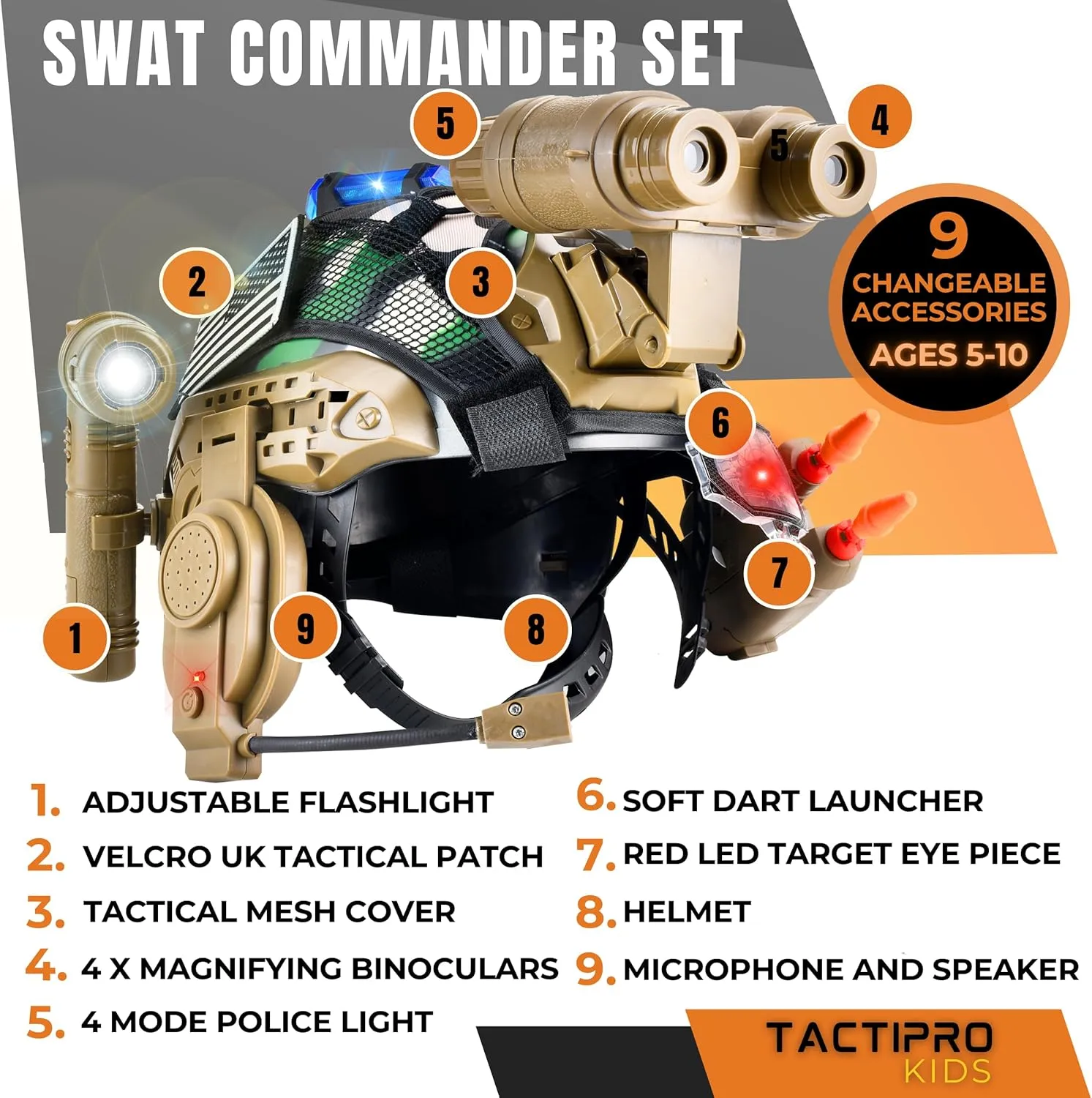 Police kids toy soldier Army SWAT Helmet Commander Set. megaphone led scope, dart toy gun & 4X Binoculars