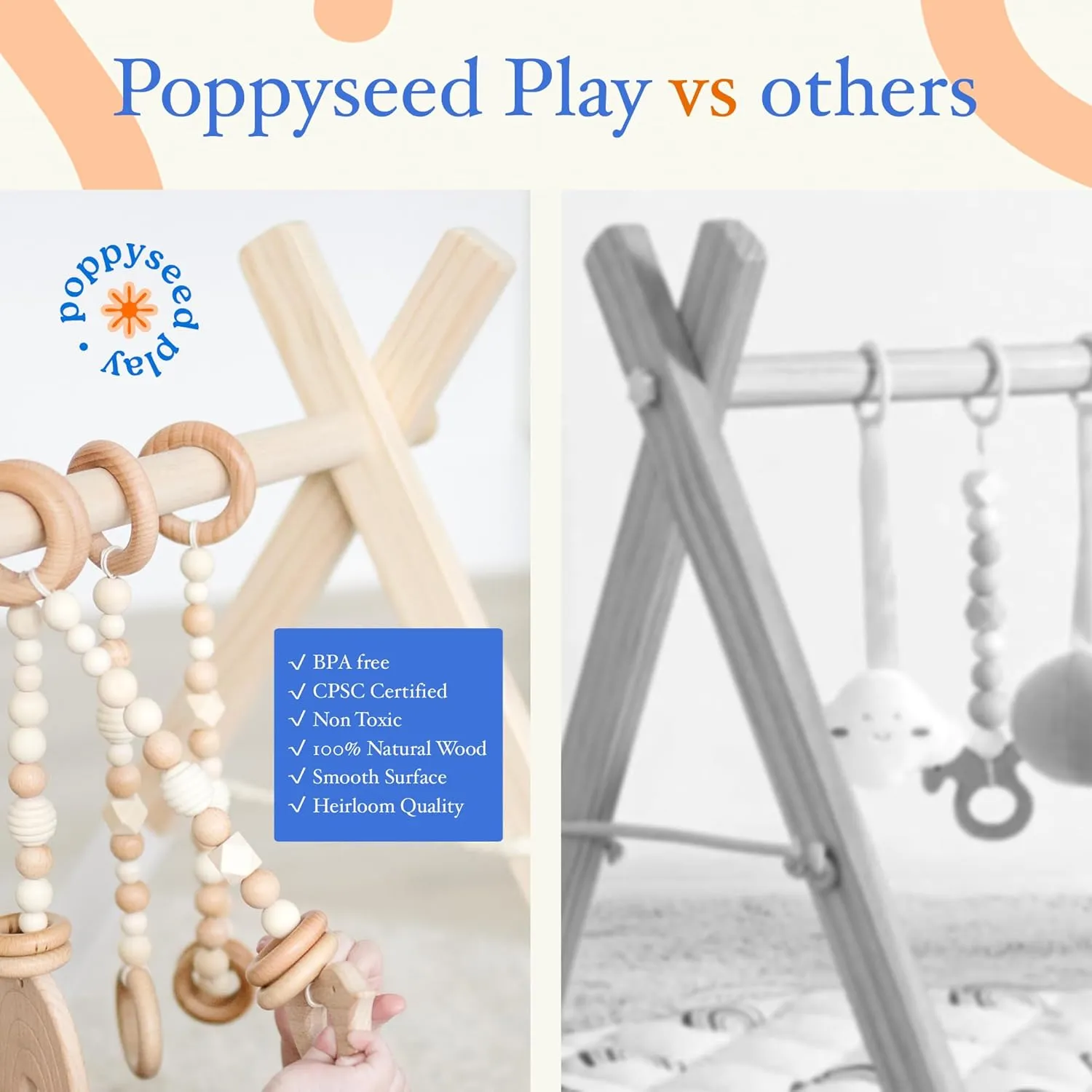 Poppyseed Play - Wooden Baby Play Gym, Montessori Activity Center w/Hanging Beech Wood Toys, Foldable Natural Pine Wood Frame, Portable Infant Play Gym, Motor Skill Development & Modern Nursery Decor
