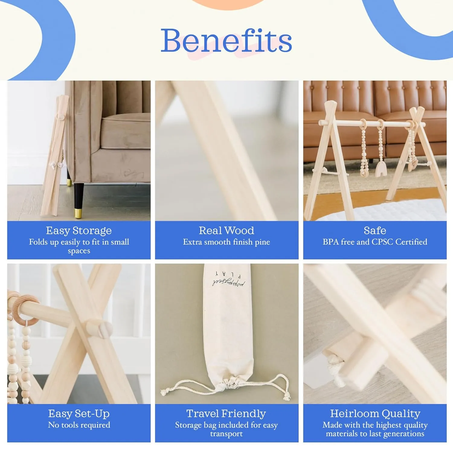 Poppyseed Play - Wooden Baby Play Gym, Montessori Activity Center w/Hanging Beech Wood Toys, Foldable Natural Pine Wood Frame, Portable Infant Play Gym, Motor Skill Development & Modern Nursery Decor