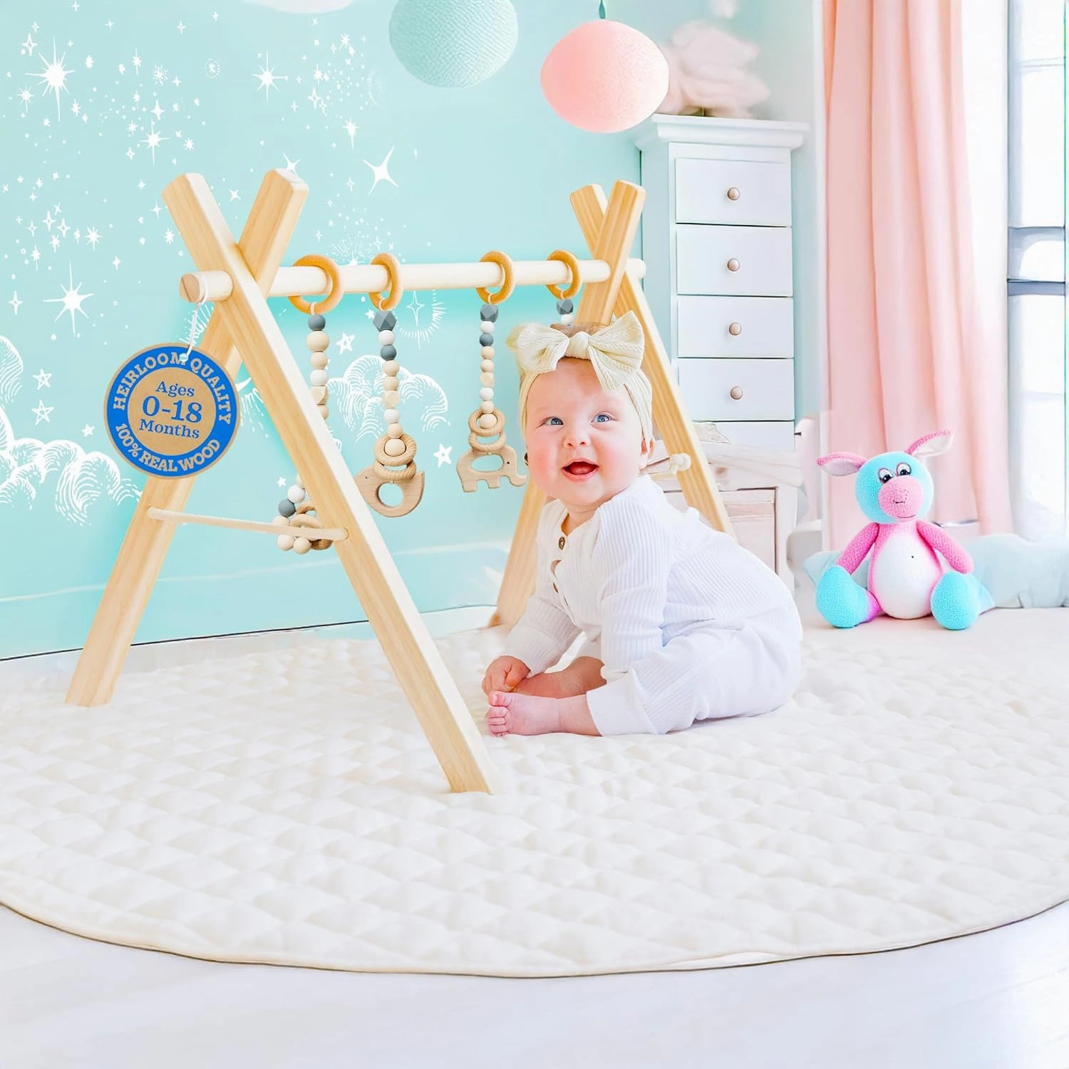 Poppyseed Play - Wooden Baby Play Gym, Montessori Activity Center w/Hanging Beech Wood Toys, Foldable Natural Pine Wood Frame, Portable Infant Play Gym, Motor Skill Development & Modern Nursery Decor
