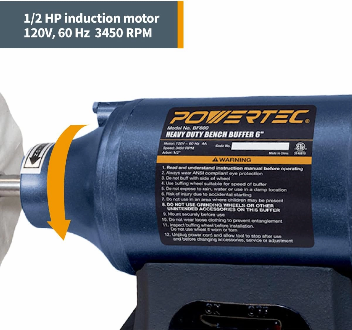 POWERTEC 6-Inch Bench Buffer Jewelry Polisher - Includes 4PCs 80Ply Thic Buffing Wheels | Ideal Benchtop Buffing Machine for Polishing Metal, Jewelry, Knives, Wood, Jade, and Plastic (BF601C)