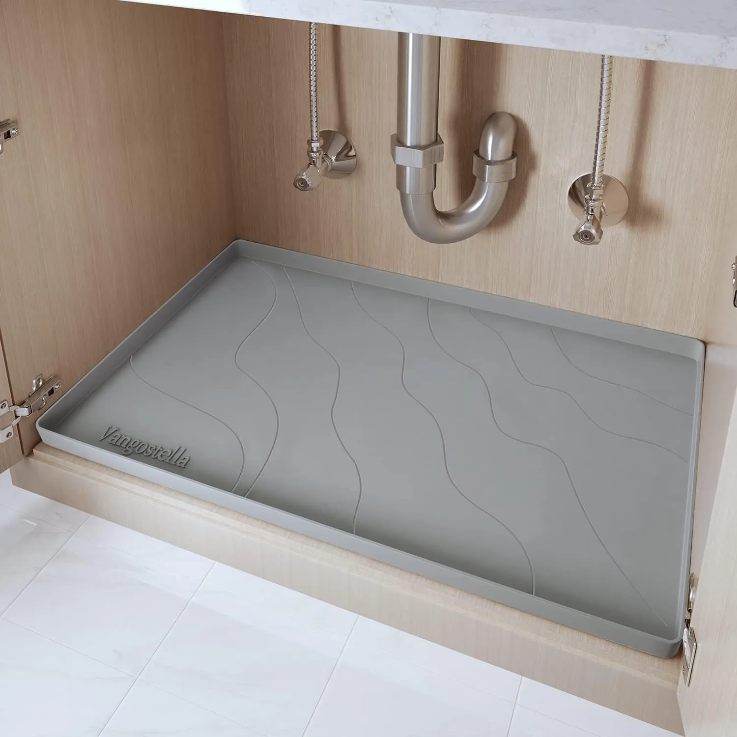 Premium Under Sink Mat for Kitchen - Waterproof 34" x 22", Extra Thick Non-Slip Silicone Liner with Raised Edge - Prevents Drips, Leaks, Spills - Grey