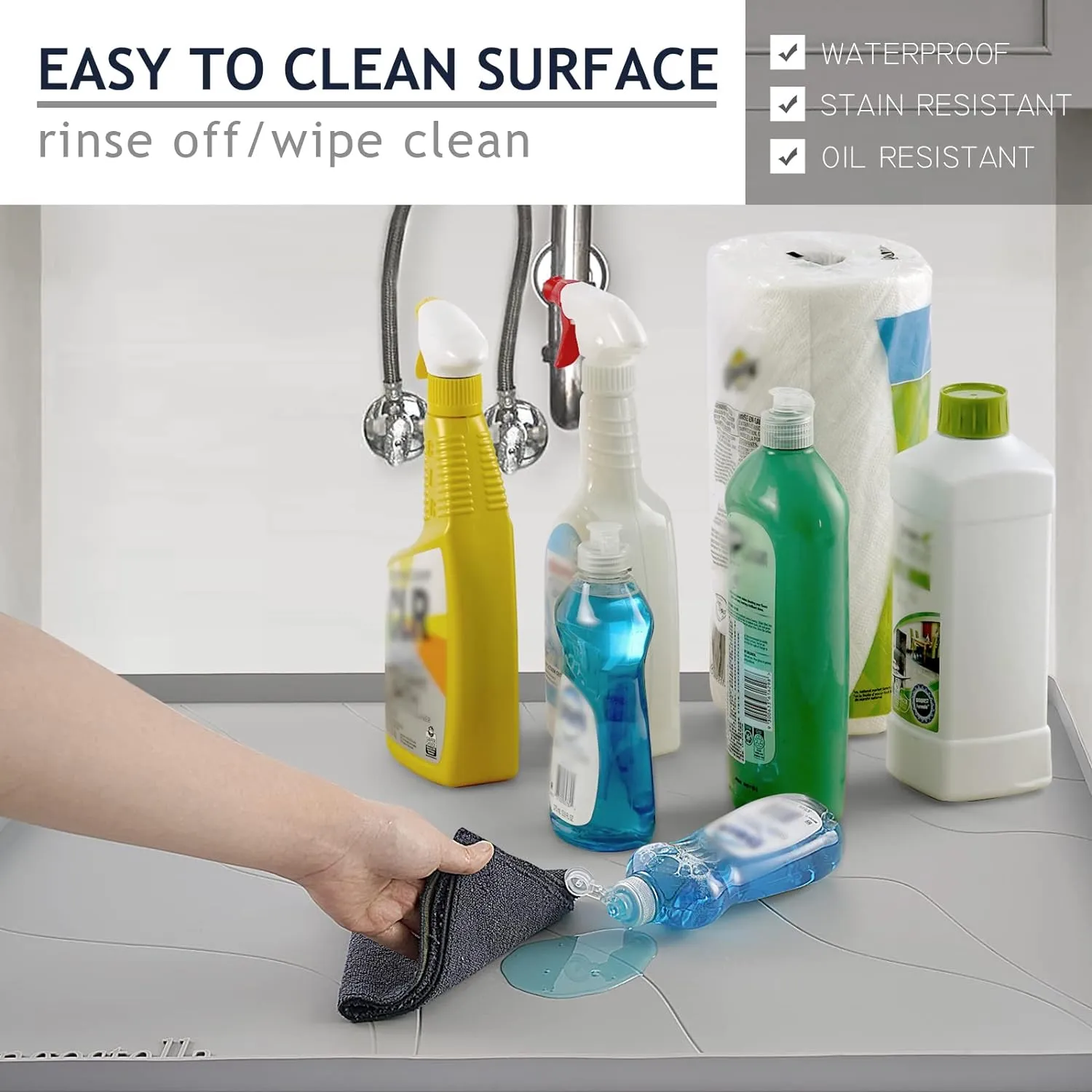 Premium Under Sink Mat for Kitchen - Waterproof 34" x 22", Extra Thick Non-Slip Silicone Liner with Raised Edge - Prevents Drips, Leaks, Spills - Grey