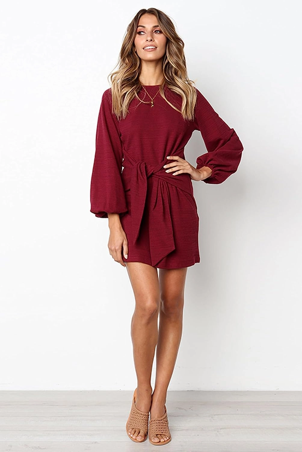 PRETTYGARDEN Women's Elegant Long Lantern Sleeve Short Dress Crewneck Tie Waist Knit Cocktail Dress