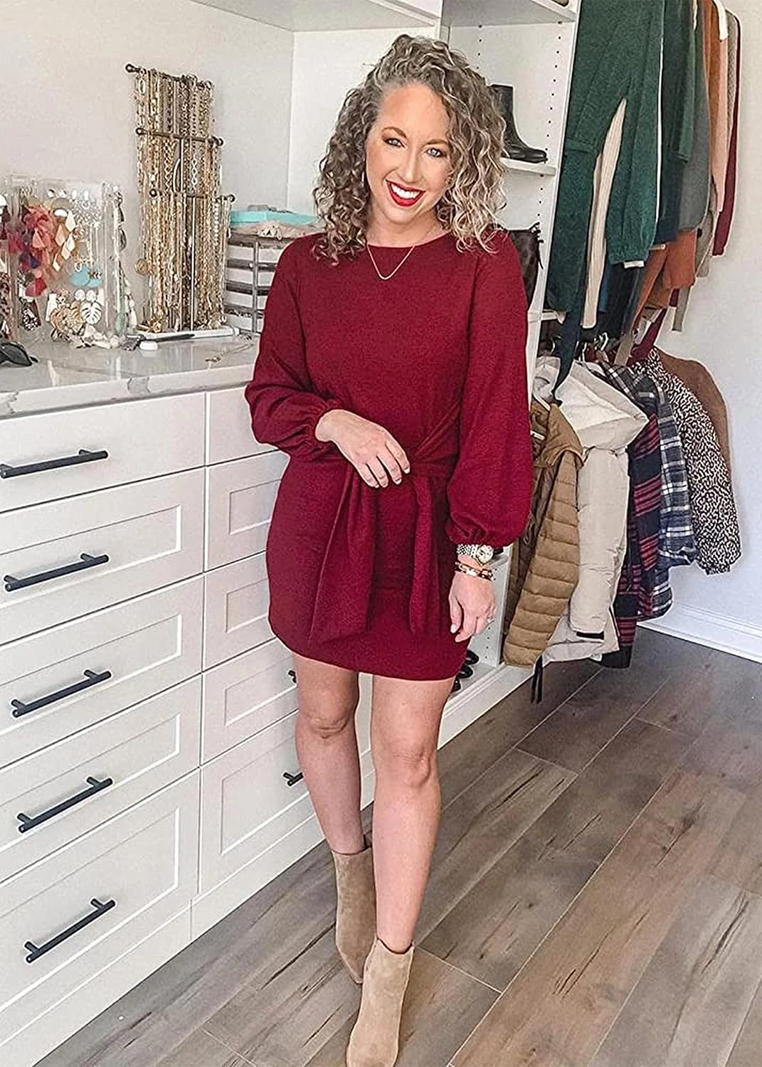 PRETTYGARDEN Women's Elegant Long Lantern Sleeve Short Dress Crewneck Tie Waist Knit Cocktail Dress