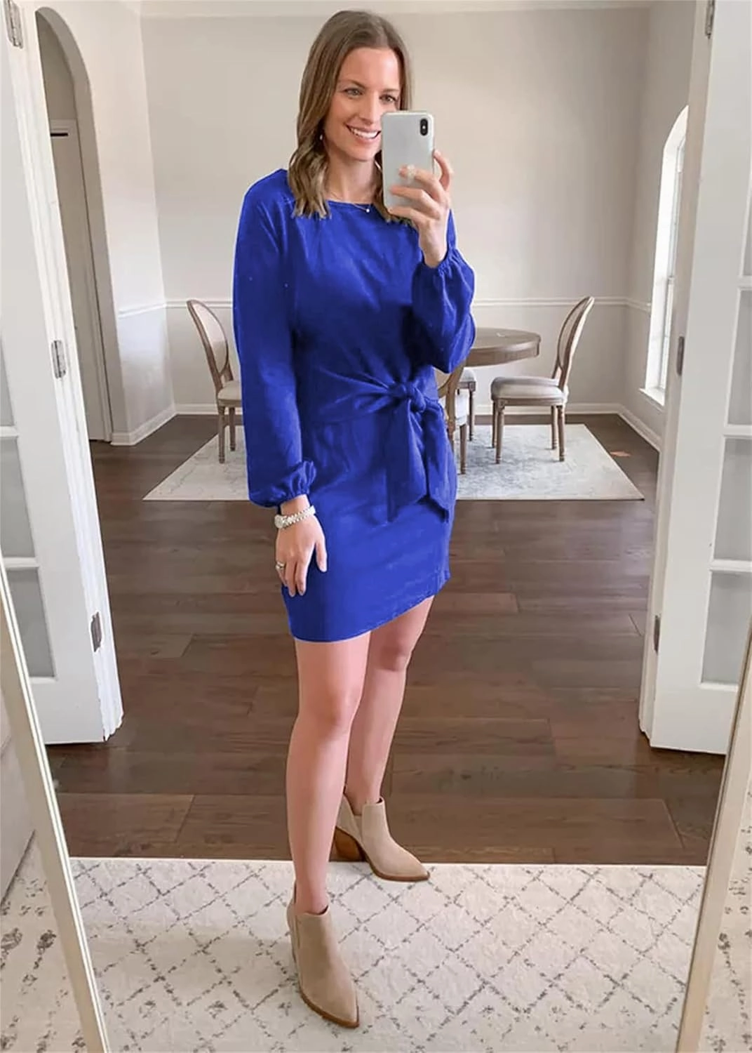 PRETTYGARDEN Women's Elegant Long Lantern Sleeve Short Dress Crewneck Tie Waist Knit Cocktail Dress