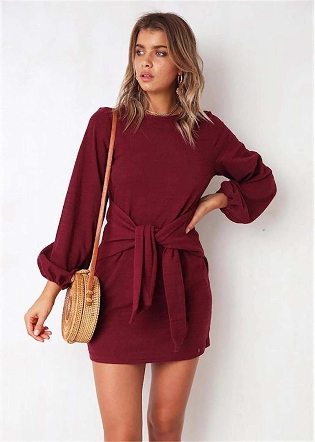 PRETTYGARDEN Women's Elegant Long Lantern Sleeve Short Dress Crewneck Tie Waist Knit Cocktail Dress