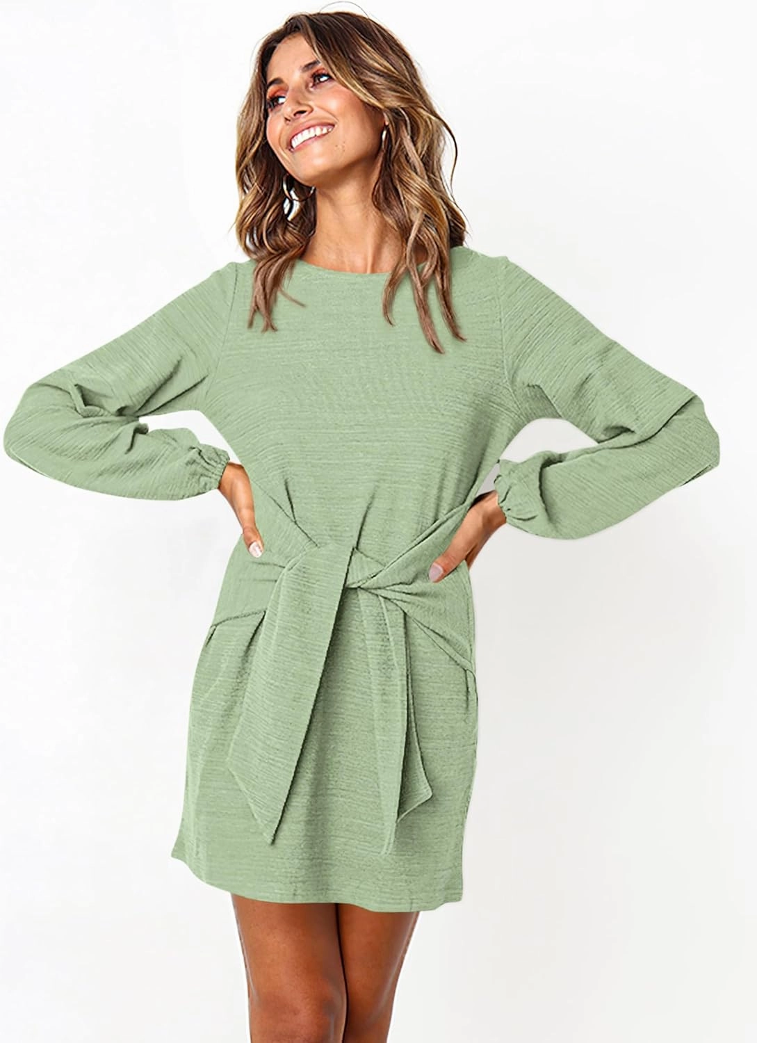 PRETTYGARDEN Women's Elegant Long Lantern Sleeve Short Dress Crewneck Tie Waist Knit Cocktail Dress