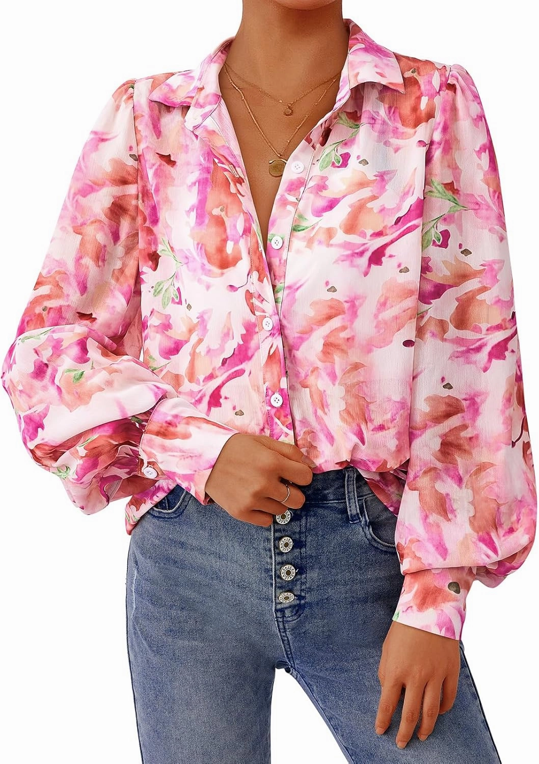 PRETTYGARDEN Women's Floral Blouses Dressy Casual V Neck Button Down Shirts Lantern Long Sleeve Boho Chiffon Spring Tops 2025
